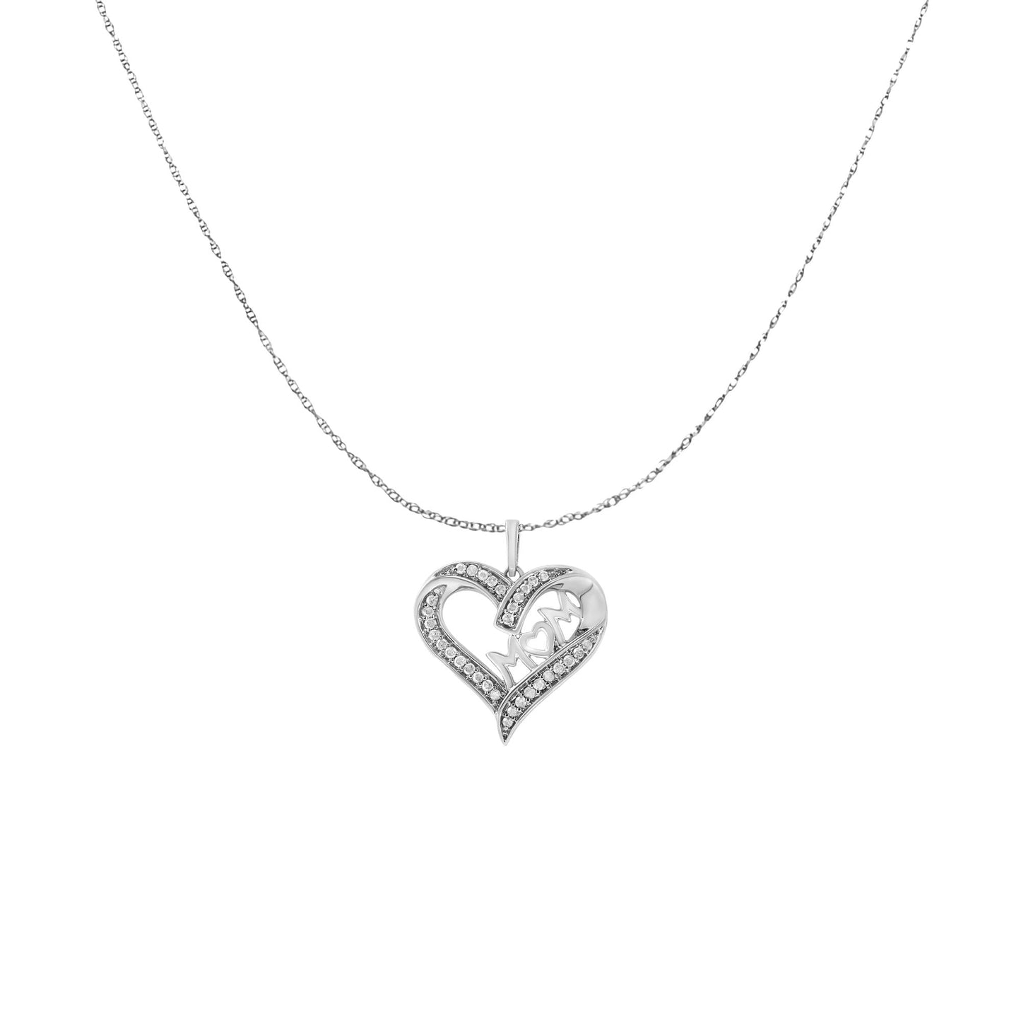 .925 Sterling Silver 1/4 cttw Diamond Engraved ’Mom’ in Heart Pendant