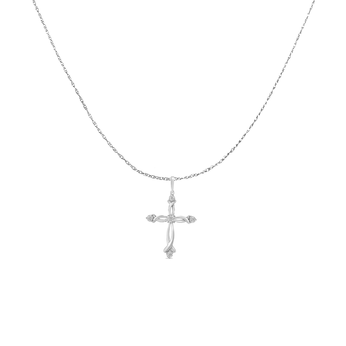 .925 Sterling Silver Round Cut Diamond Accent Cross Pendant Necklace (1/15 cttw