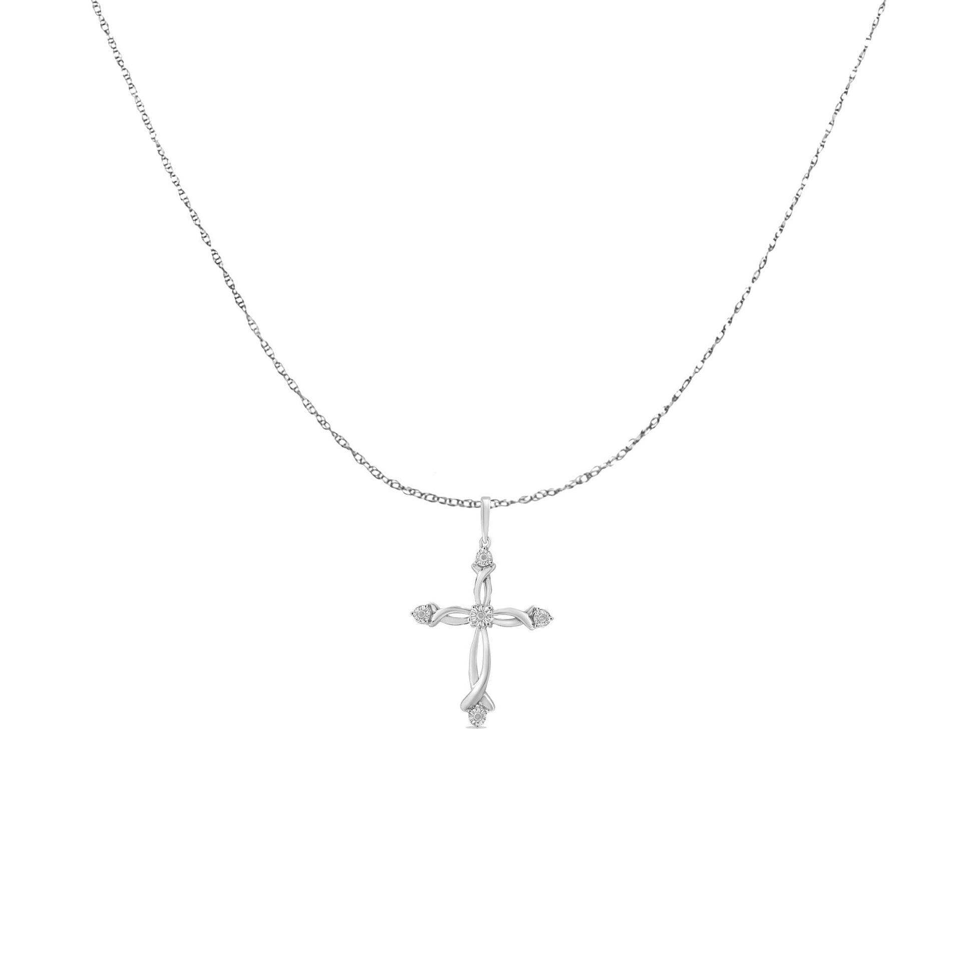 .925 Sterling Silver Round Cut Diamond Accent Cross Pendant Necklace (1/15 cttw