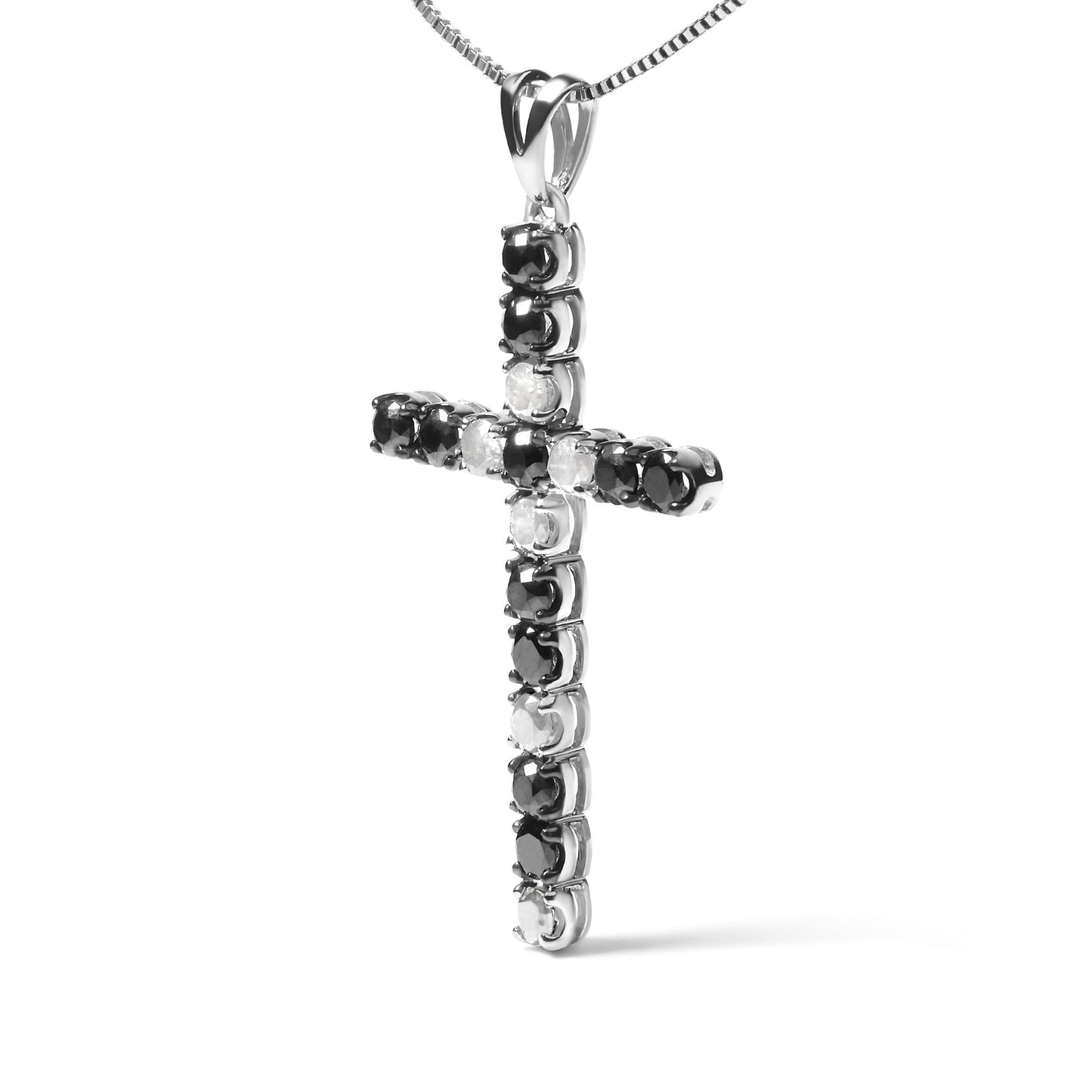 .925 Sterling Silver 1.0 Cttw Black and White Diamond Alternating Classic Cross