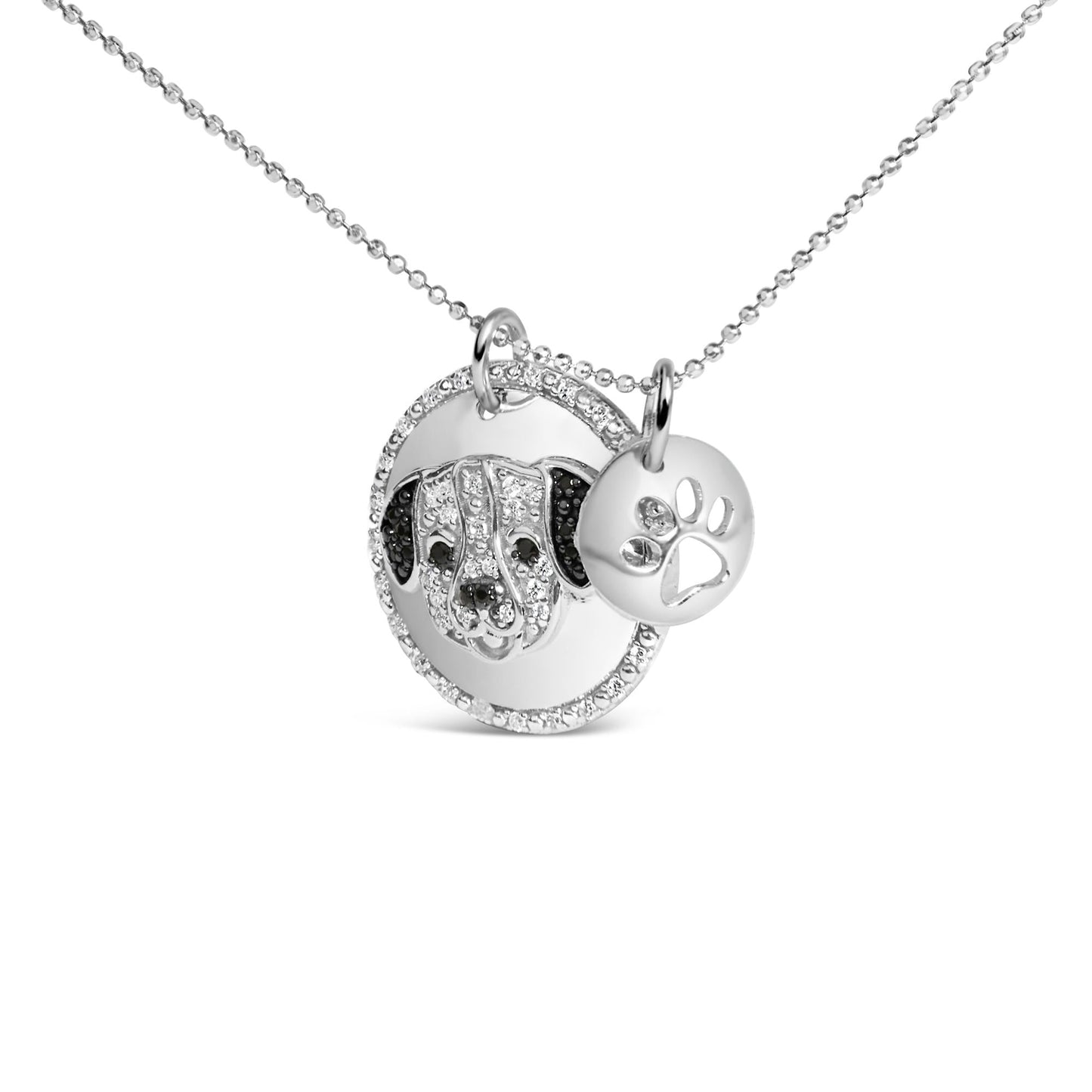 .925 Sterling Silver 1/4 Cttw White and Black Diamond Pitbull Dog Medallion and Charm 18" Pendant Necklace (I-J Color, I2-I3 Clarity)