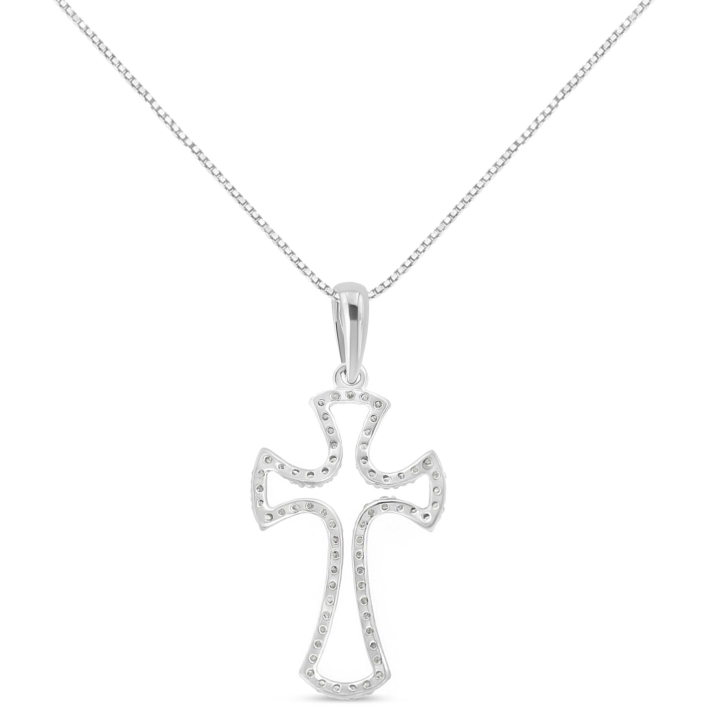 .925 Sterling Silver 1/3 Cttw Diamond Framed Open Cross 18’’ Pendant