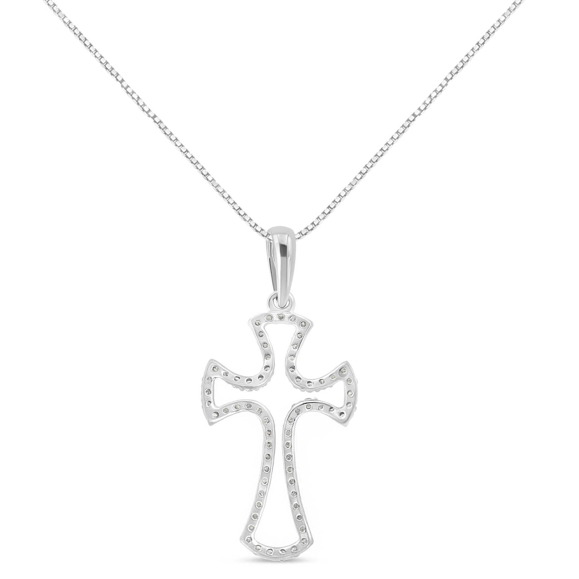 .925 Sterling Silver 1/3 Cttw Diamond Framed Open Cross 18’’ Pendant