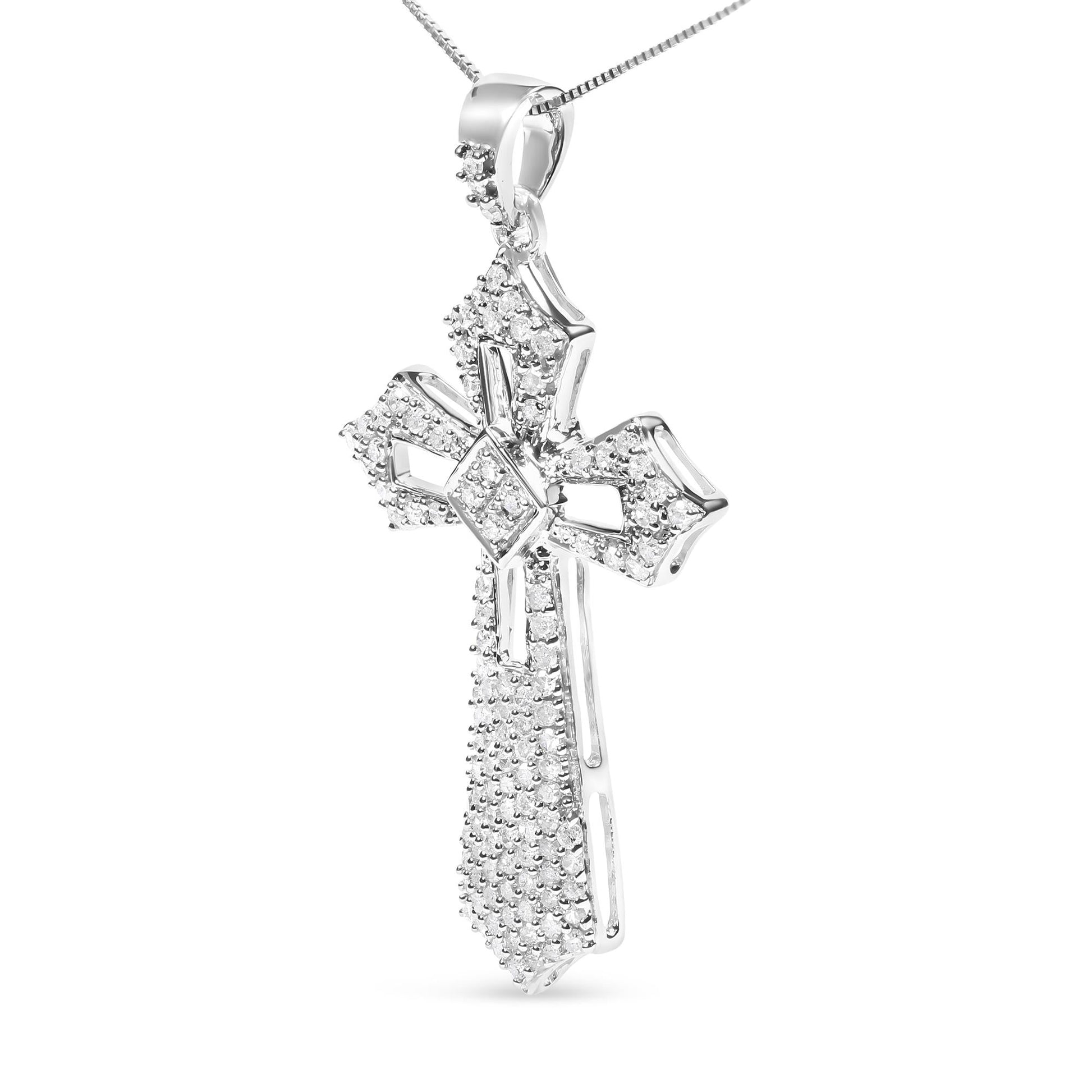 .925 Sterling Silver 1.00 Cttw Diamond Fleur De Lis Cross 18’’ Pendant