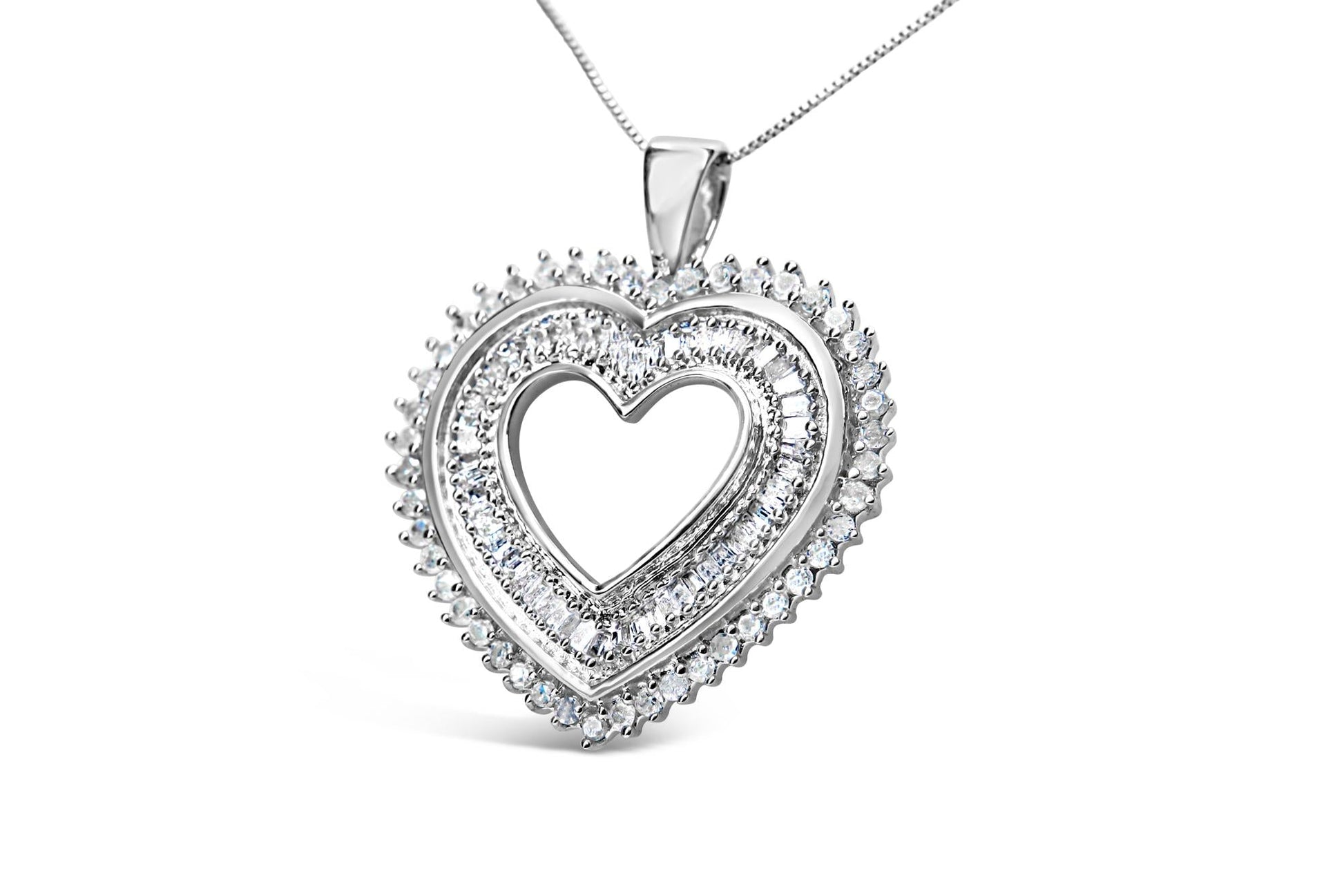 .925 Sterling Silver 1.0 Cttw Baguette and Round Diamond Heart Pendant 18’’