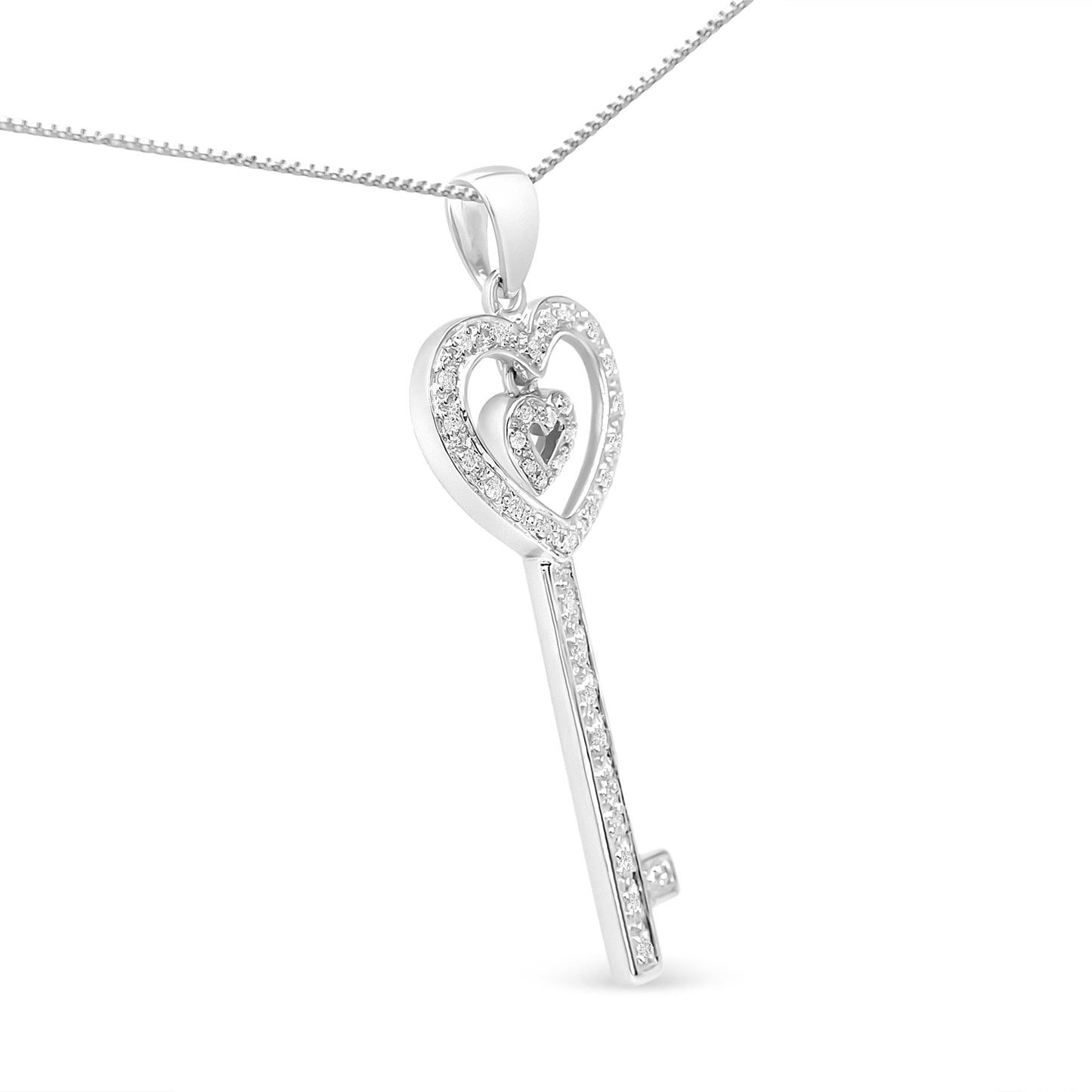 .925 Sterling Silver 1/5 Cttw Round-Cut Diamond Double Heart & Key 18’’