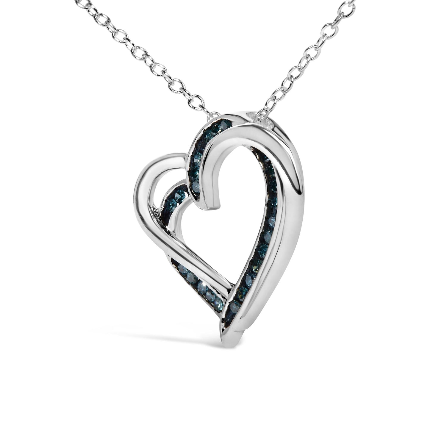 925 Sterling Silver 1/10 Cttw Treated Blue Diamond Double Heart 18" Pendant Necklace (Blue Color, I2-I3 Clarity)