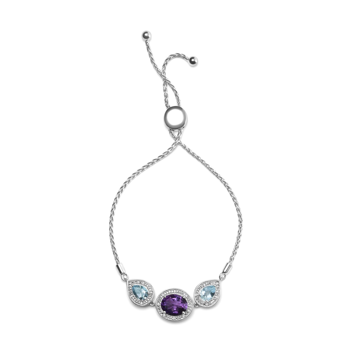 .925 Sterling Silver Oval Amethyst and Pear Blue Topaz with Diamond Accent