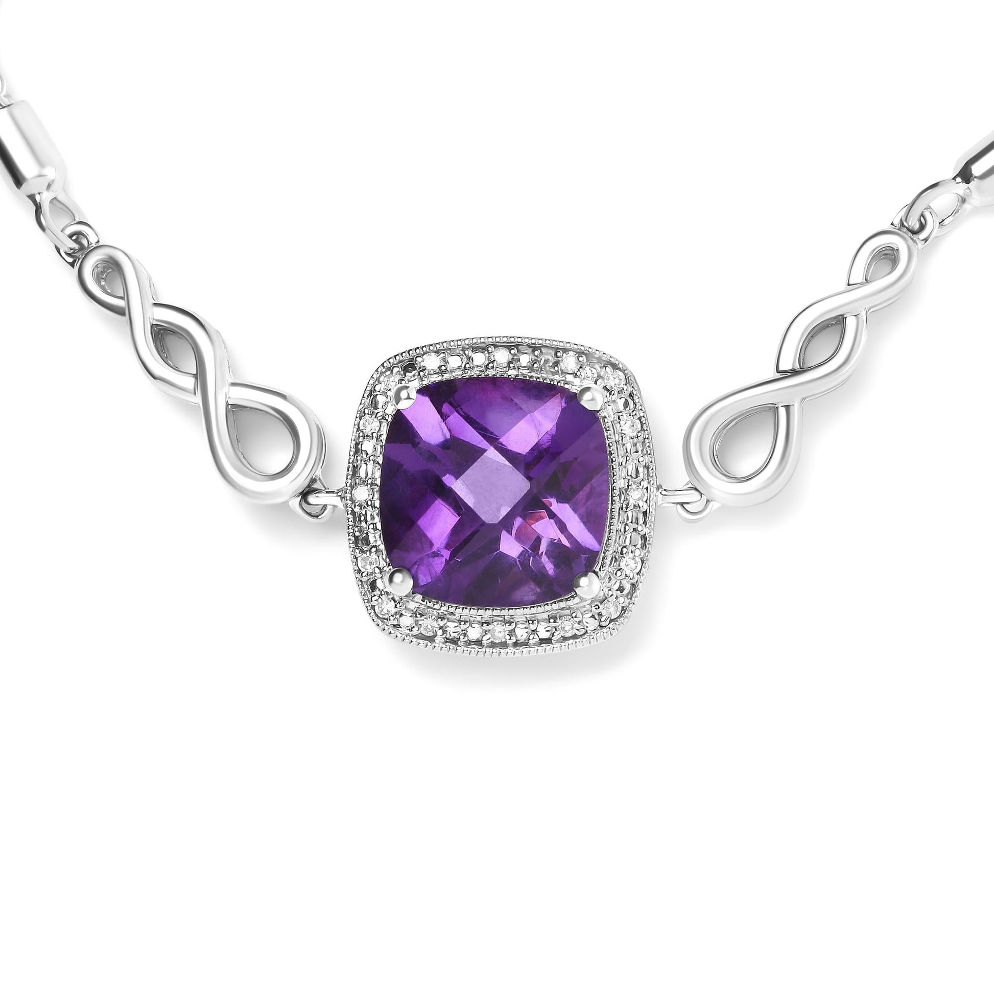 .925 Sterling Silver 10mm Cushion Cut Amethyst Gemstone and Diamond Accent