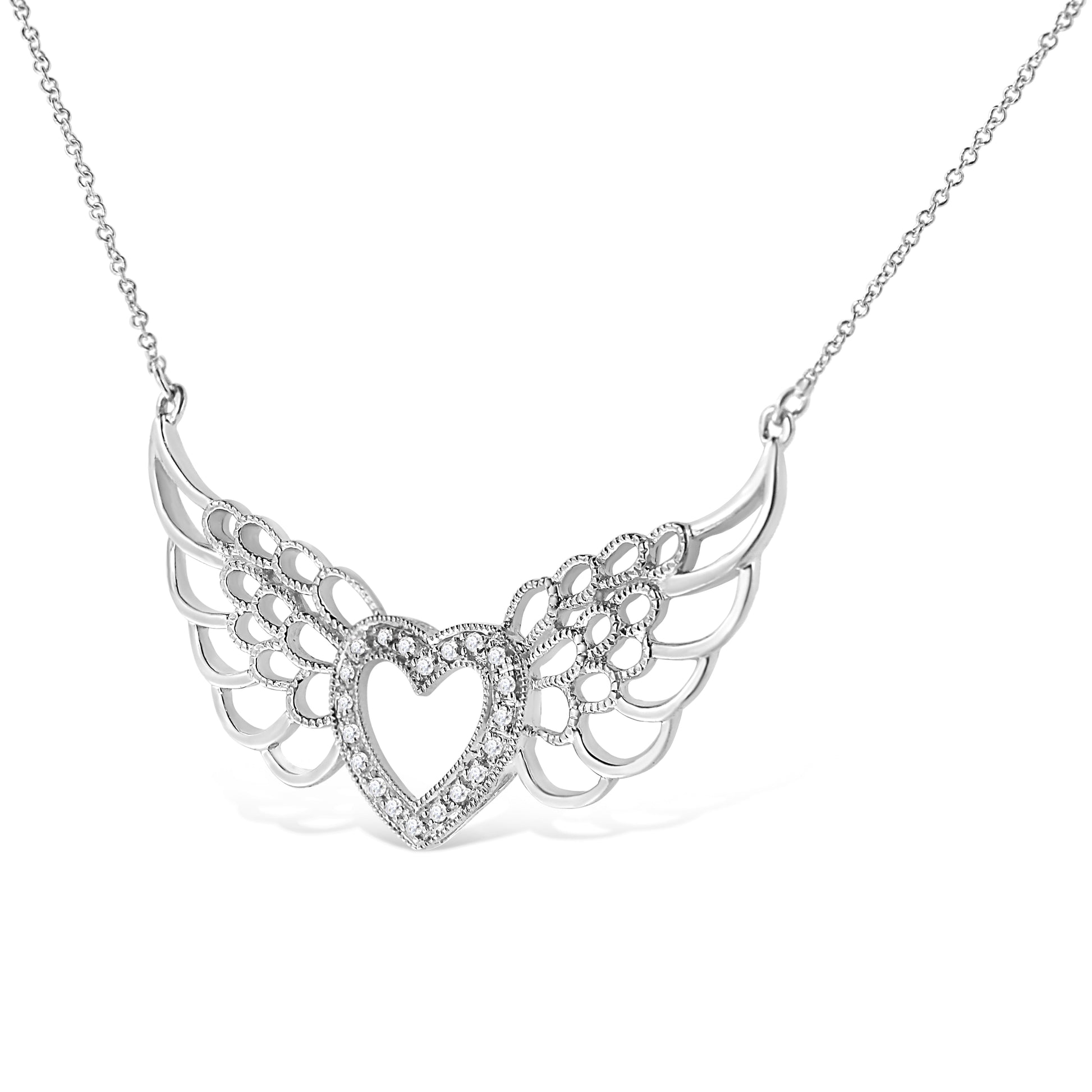 .925 Sterling Silver Pave-Set Diamond Accent Fairy Wing 18’’ Heart Pendant