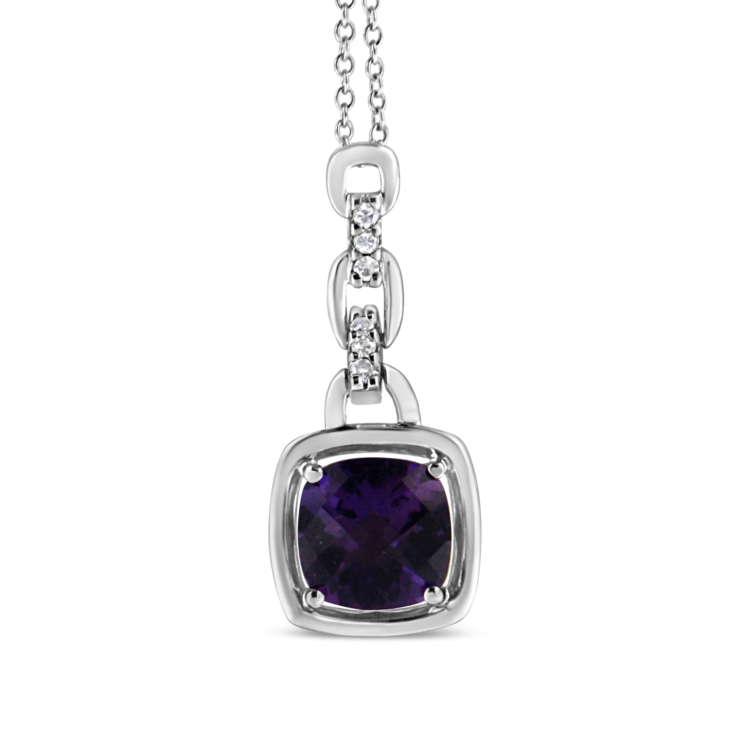 .925 Sterling Silver 6x6MM Cushion Shaped Natural Purple Amethyst and Diamond