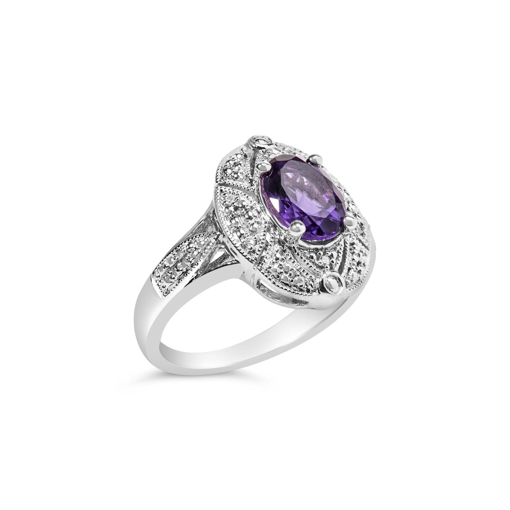 .925 Sterling Silver 9x7mm Oval Purple Amethyst and Round Diamond Accent