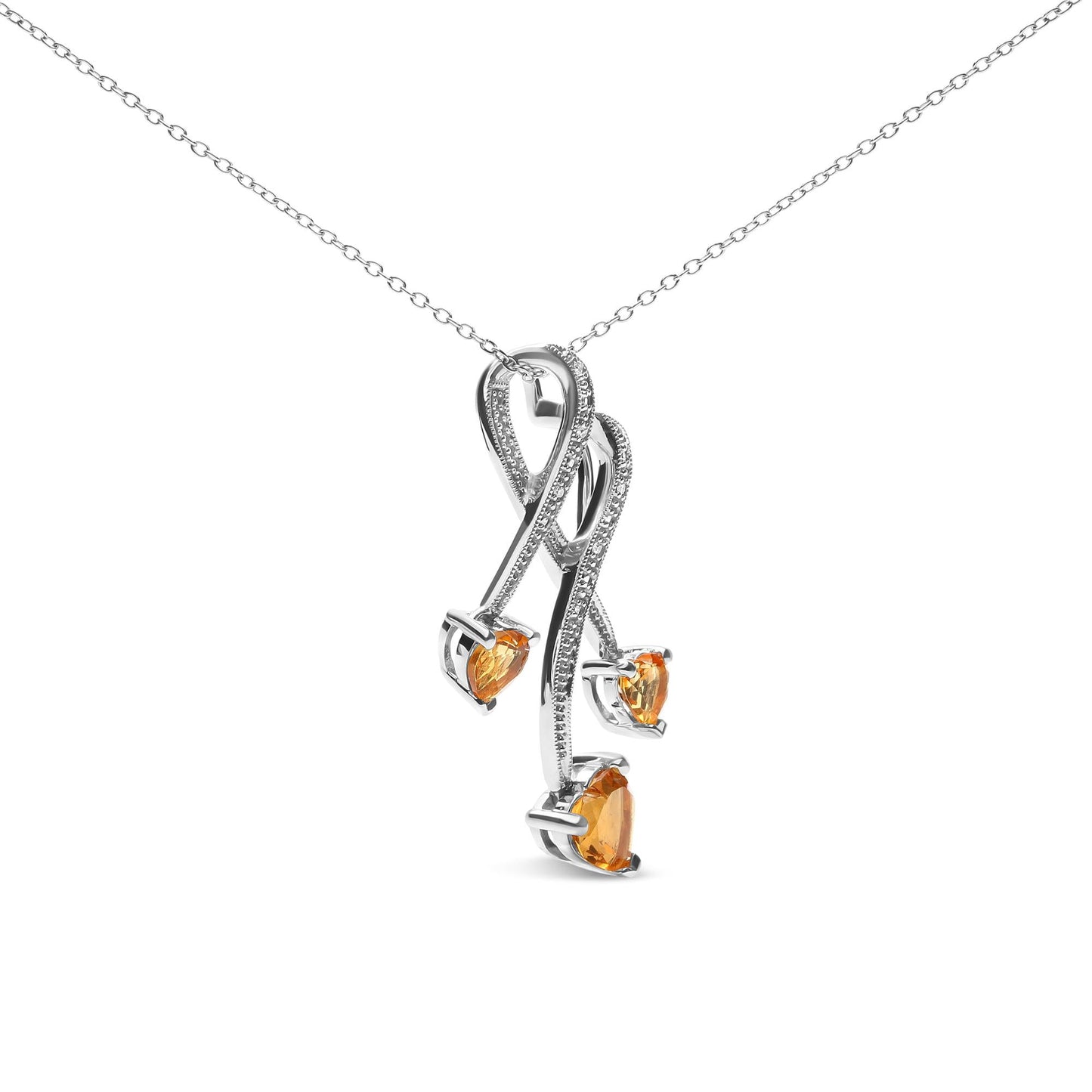 .925 Sterling Silver 3-Stone Heart Shape Citrine and Diamond Accent Spiral Drop