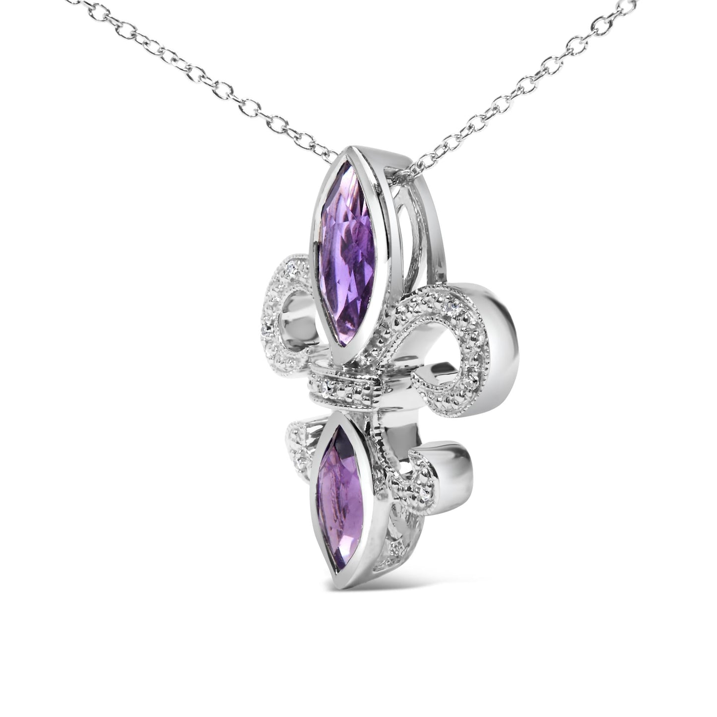 .925 Sterling Silver Purple Amethyst Marquise and Diamond Accent Fleur De Lis