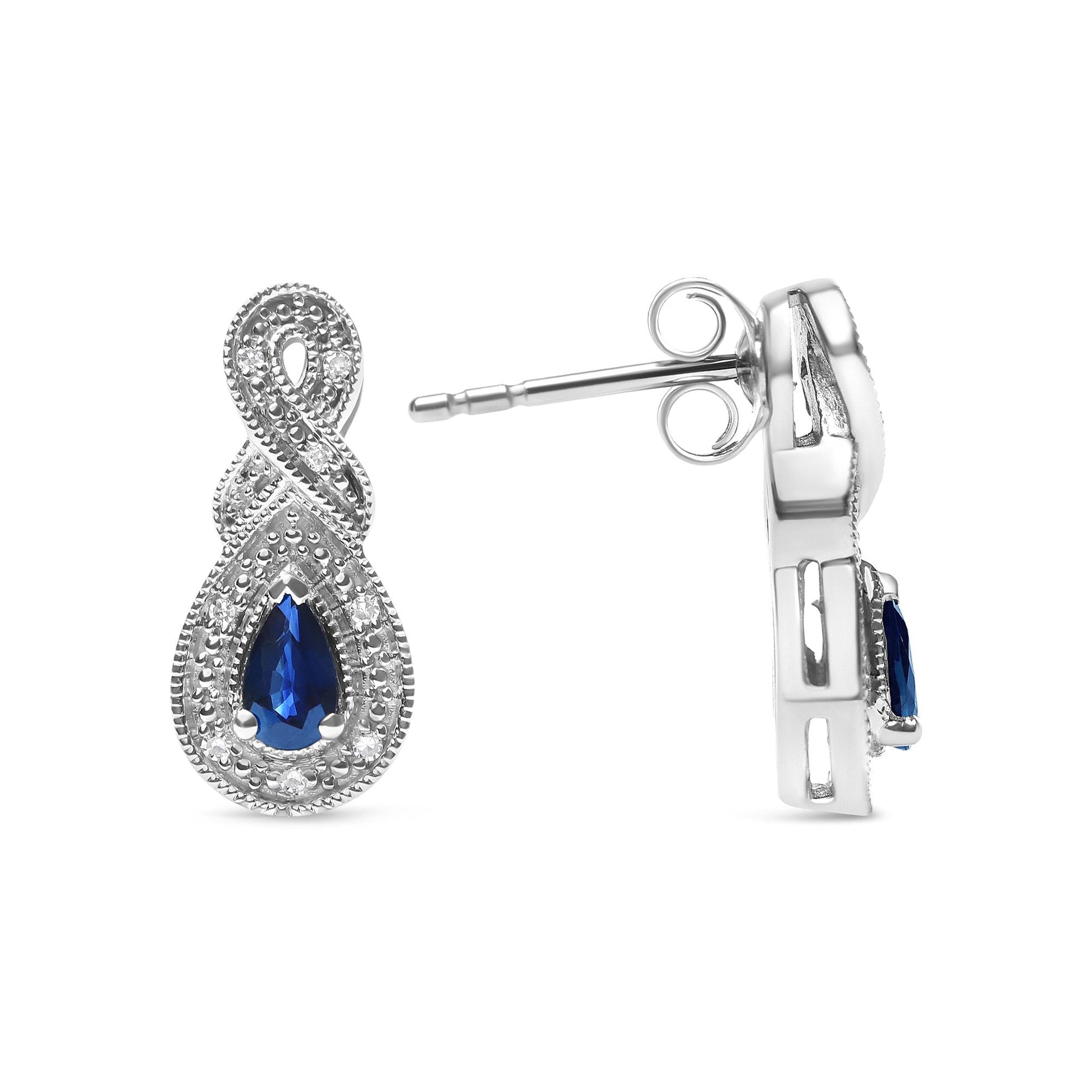 .925 Sterling Silver 4.5 x 3mm Pear Sapphire Gemstone and Diamond Accent