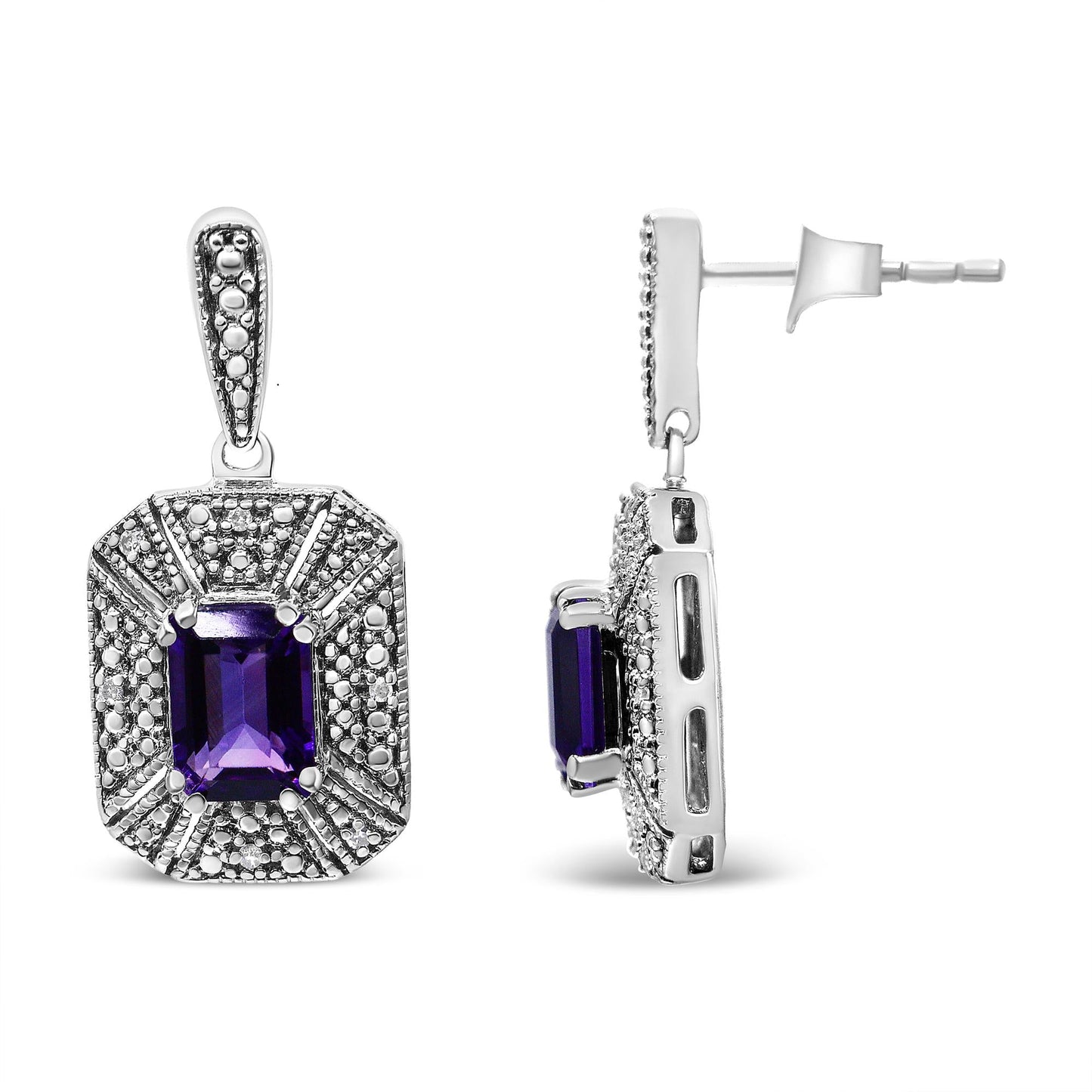 .925 Sterling Silver Diamond Accent and 7x5mm Purple Amethyst Stud Earrings