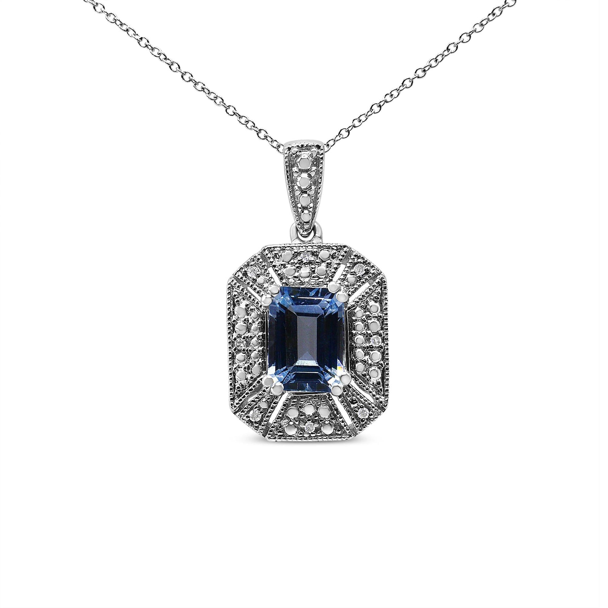 .925 Sterling Silver Blue Topaz and Diamond Accent Art Deco Style 18’’