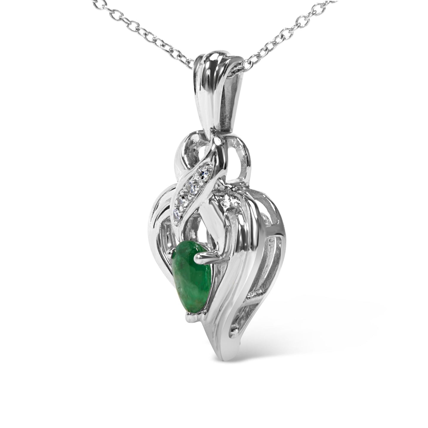 .925 Sterling Silver 6x4mm Pear Emerald and Diamond Accent Heart Pendant