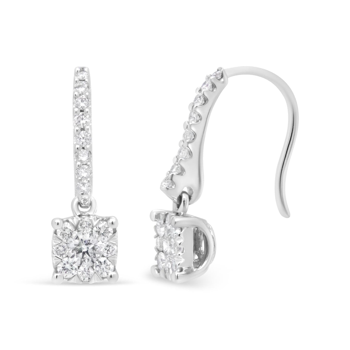 14K White 1/2 Cttw Round Diamond Halo Dangle Hook Earring - (H-I Color SI2-I1