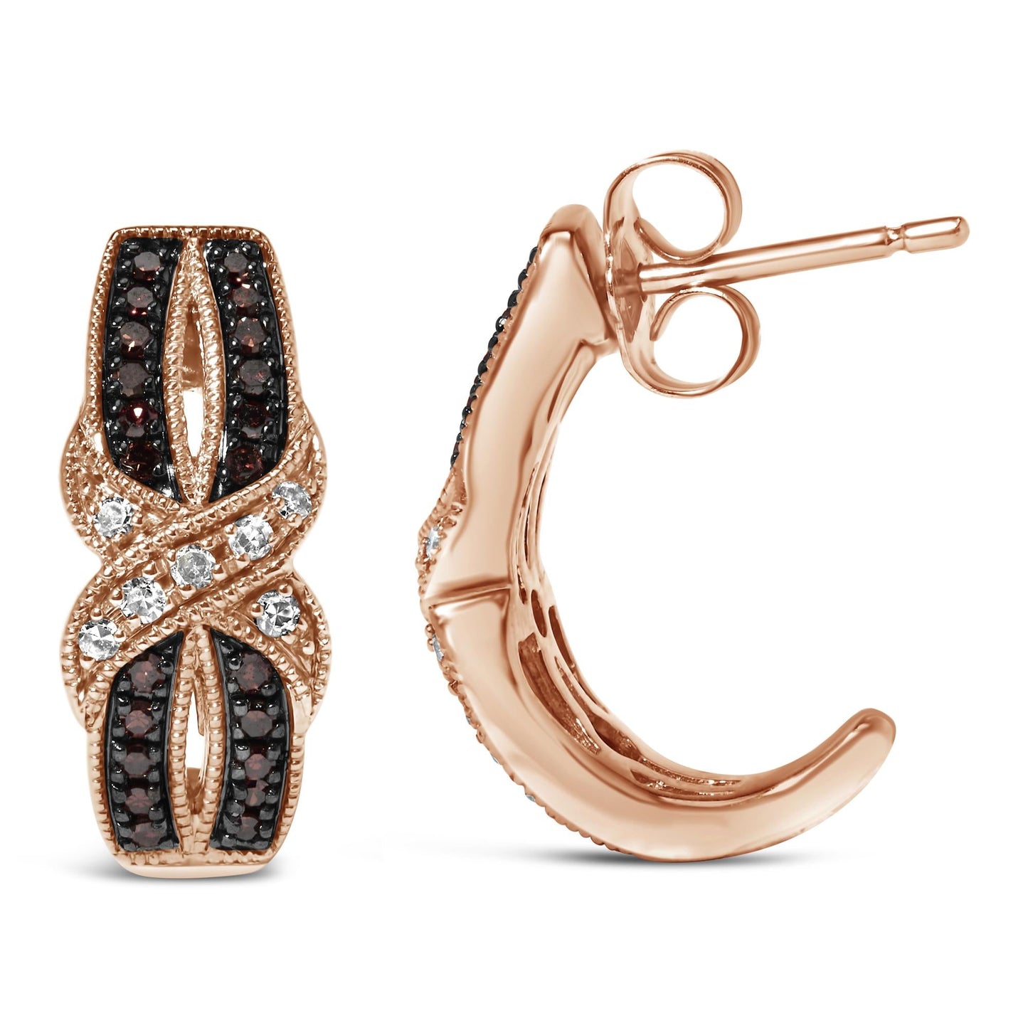 10K Rose Gold 1/3 Cttw White and Brown Diamond Milgrain Criss Cross J-Hoop Earrings (I-J Color, I1-I2 Clarity)