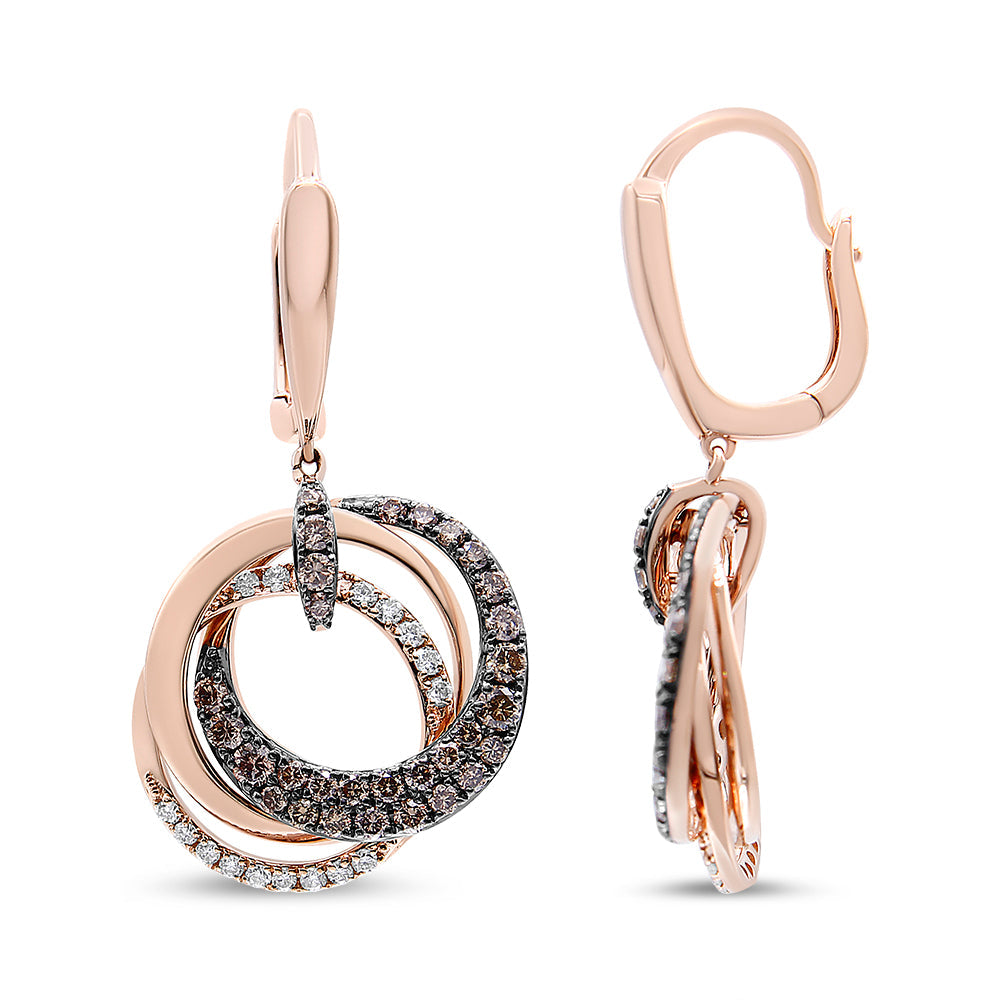 14K Rose Gold 1.00 Cttw White and Brown Diamond Intertwining Hoops and Circle