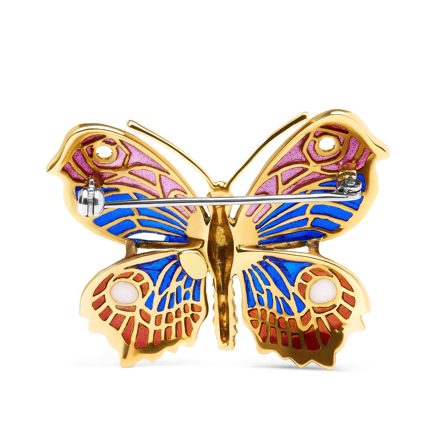 18K Yellow Gold Red Blue and White Enameled Butterfly Brooch Pin - Brooches