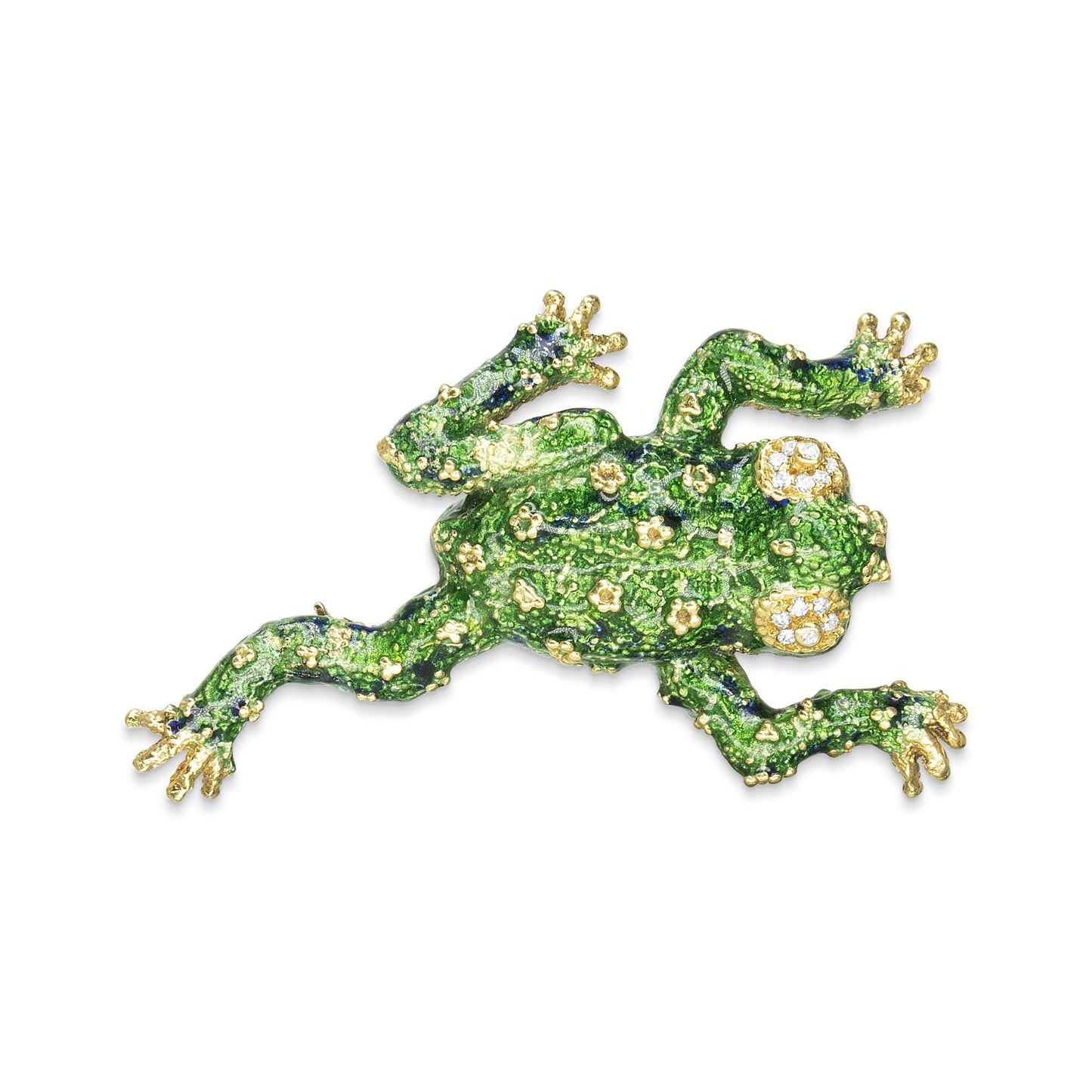 18K Yellow Gold 1/6 Cttw Diamond Green Frog Enamel Floral Brooch Pin (H-I Color