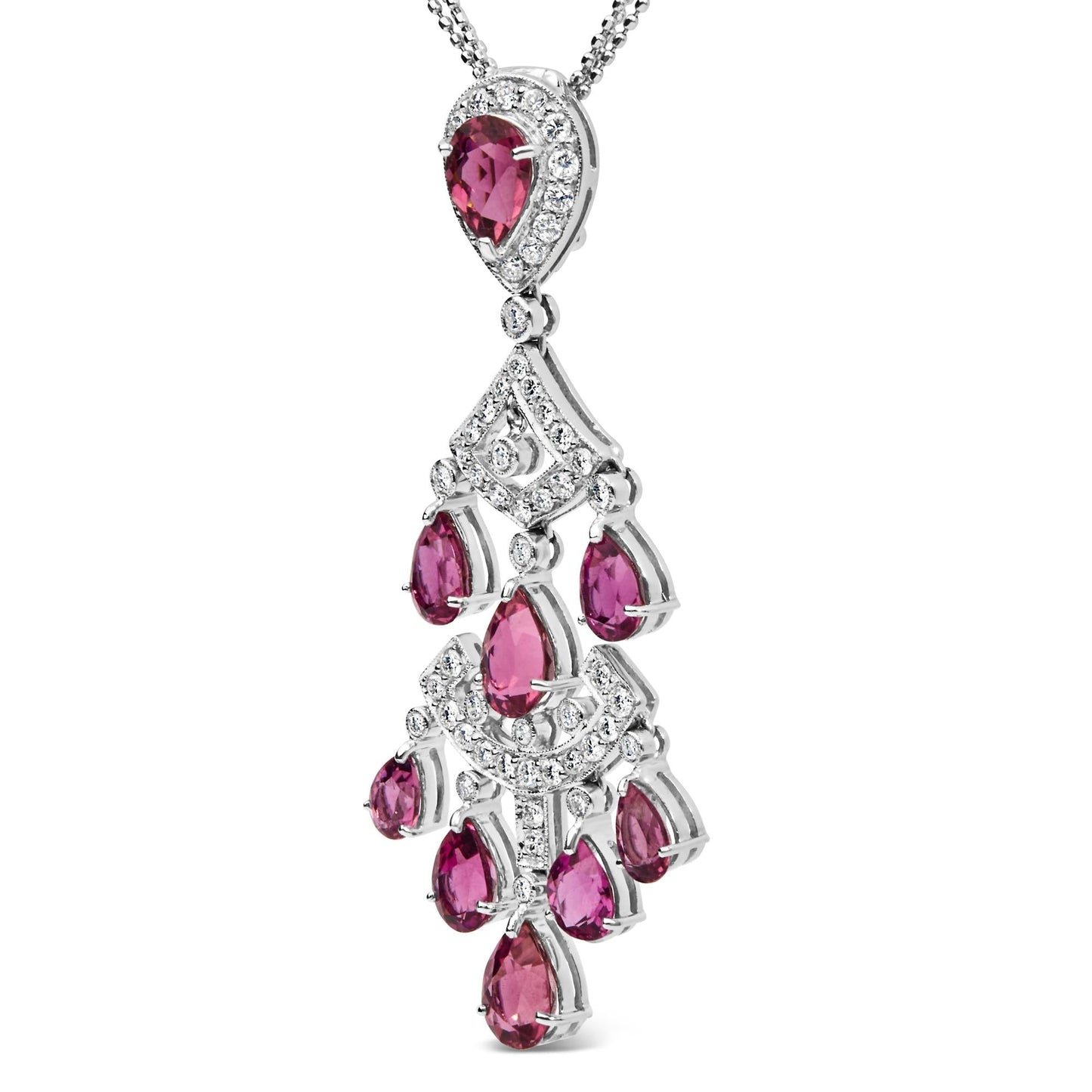 18K White Gold 1 1/10 Cttw Diamond and Pink Tourmaline Double-Strand Art Deco Inspired Chandelier 18" Pendant Necklace (F-G Color, VVS2-VS1 Clarity)