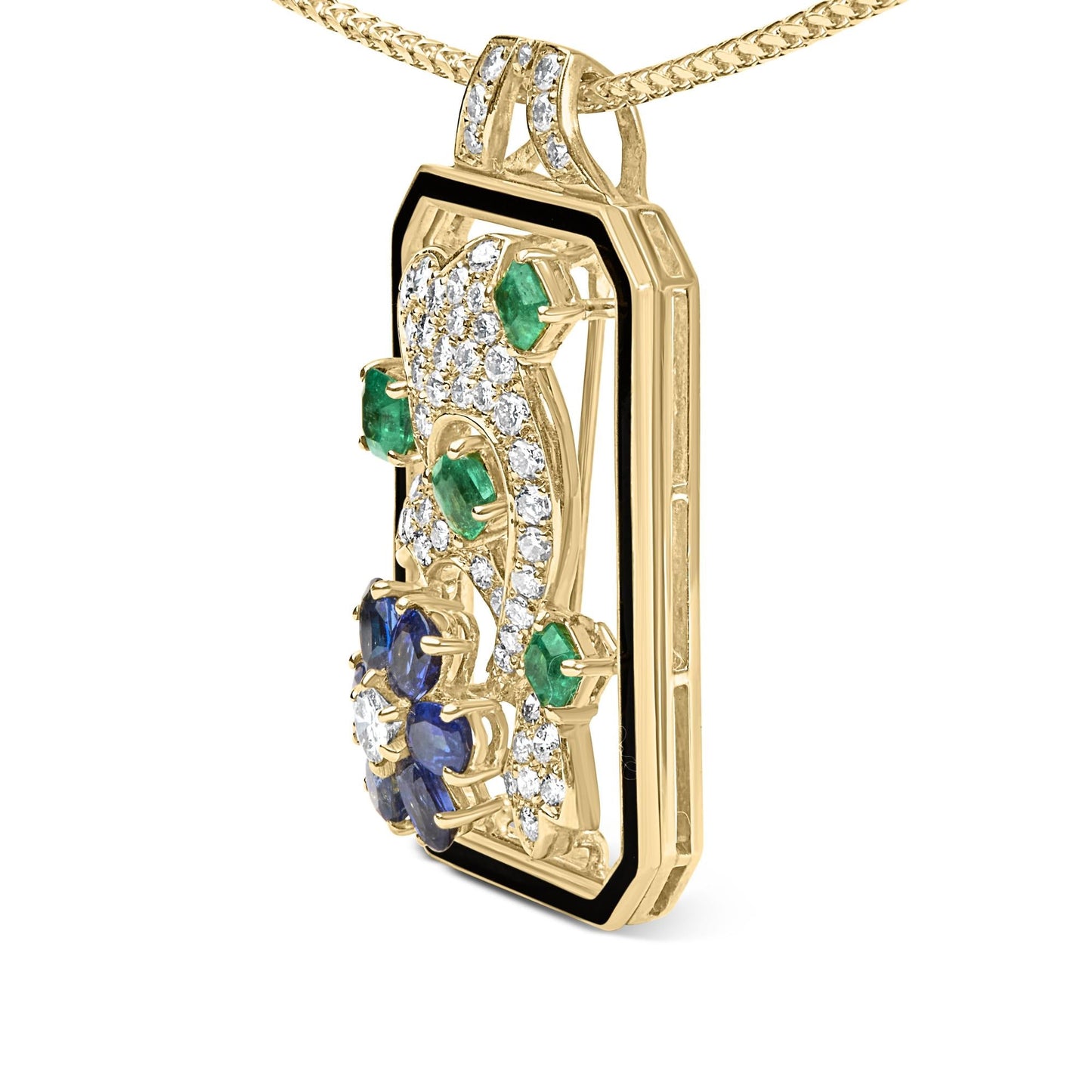 18K Yellow Gold 2 1/3 Cttw Diamond, Sapphire, and Emerald Dog Tag with Dolphin Silhouette Convertible 18" Pendant Necklace and Brooch (G-H Color, SI1-SI2 Clarity)