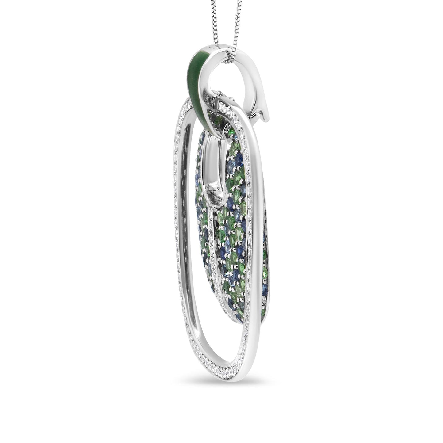 .925 Sterling Silver Green Enamel Pendant with 1/2 Cttw Diamond Sapphire