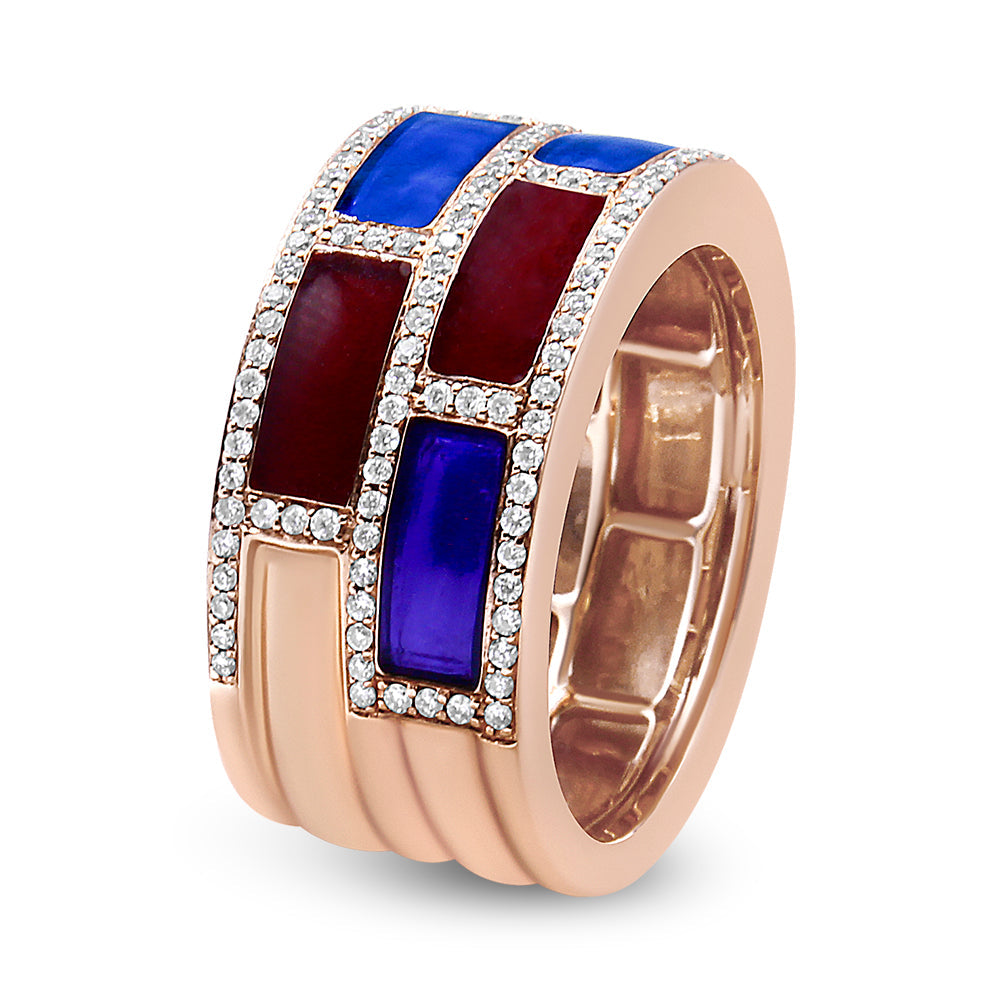 18K Rose Gold Alternating Red and Blue Enamel and 1/2 Cttw Diamond Studded Band