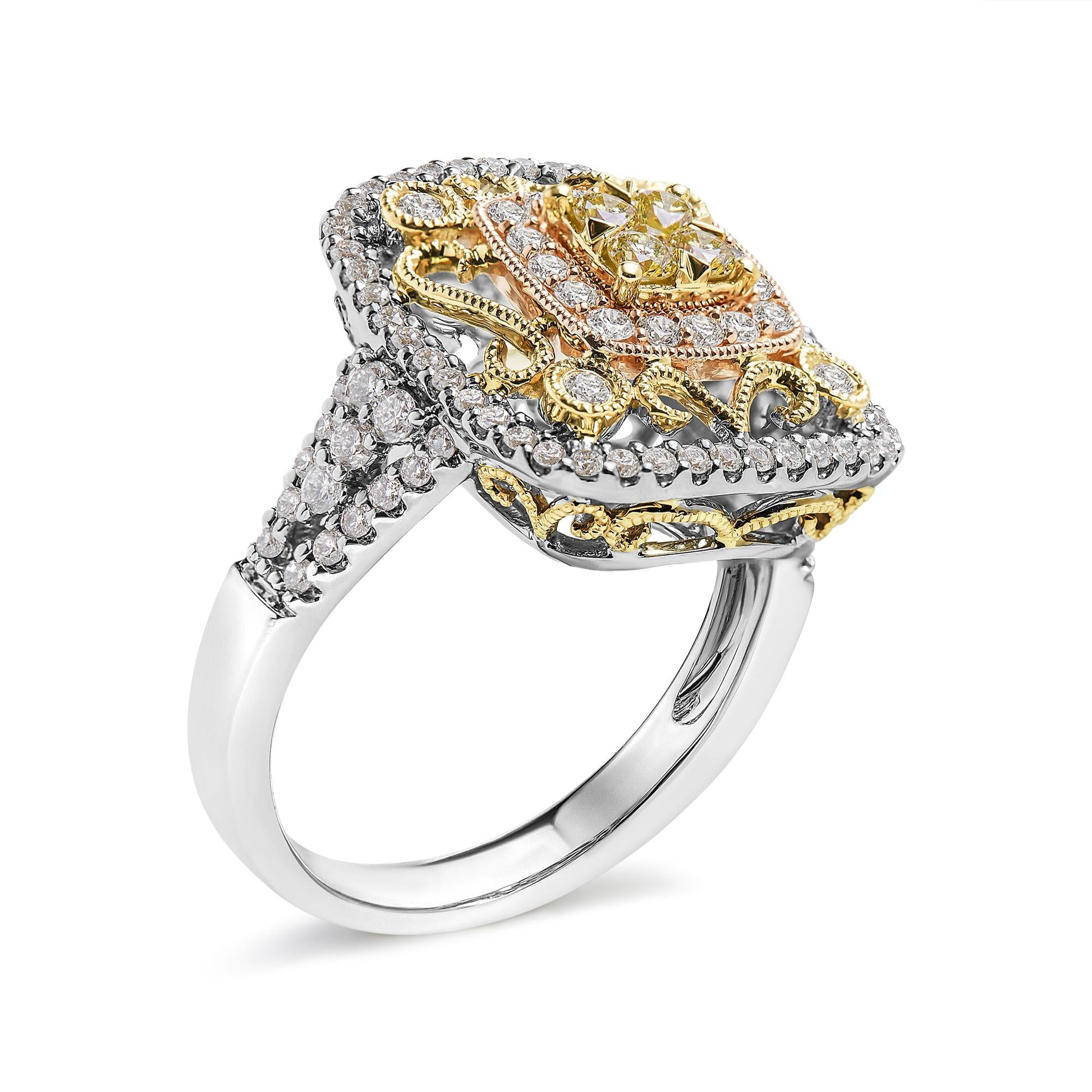 14K Tri-Toned Gold 1.00 Cttw Yellow Diamond Halo and Milgrain Cocktail Cluster