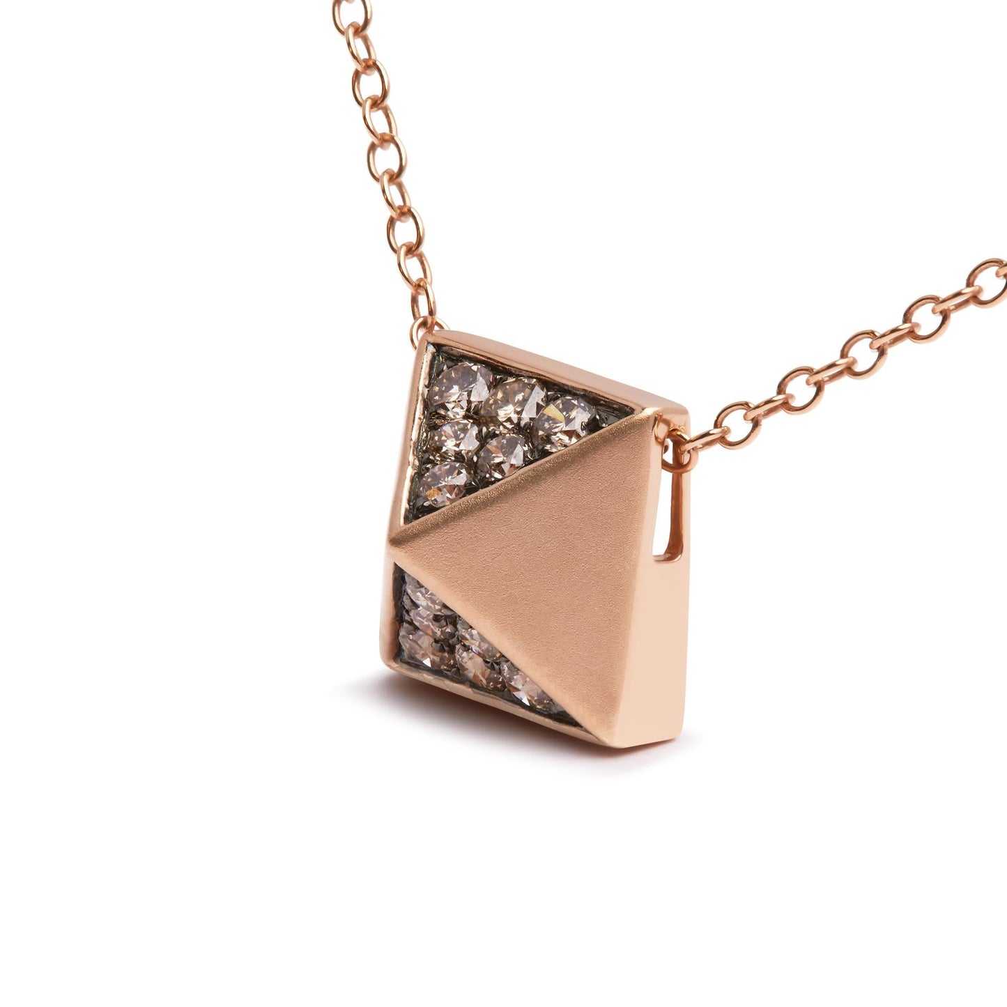 14K Rose Gold 1/4 Cttw Brown Diamond Matte Finished Pyramid Pendant Necklace