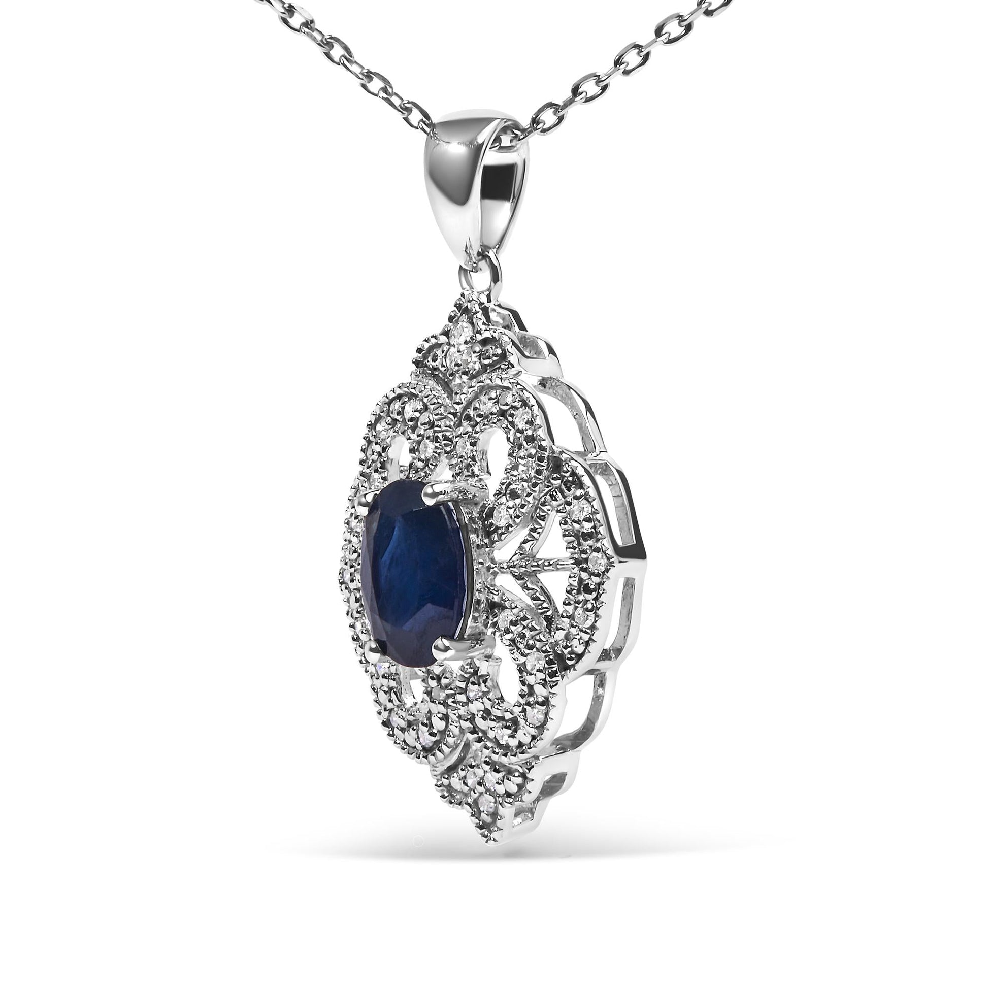 .925 Sterling Silver 7x5 MM Oval Blue Sapphire and Diamond Accent Art Deco