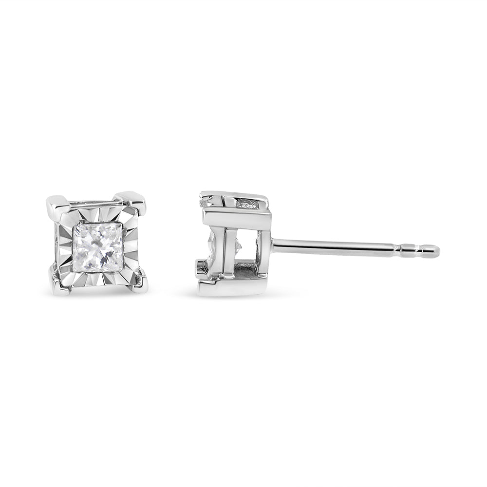 .925 Sterling Silver Miracle Set Princess-Cut Diamond Solitaire Stud Earrings