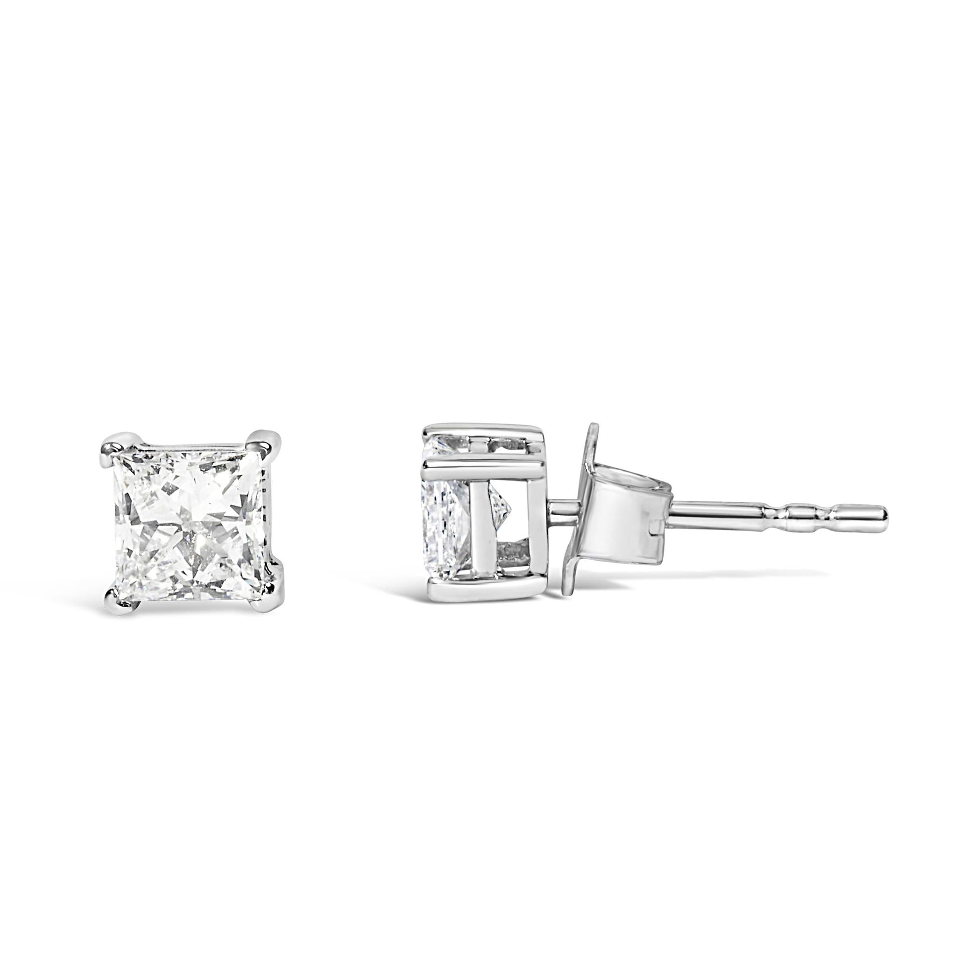 14K White Gold Princess Cut Lab-Grown Diamond Solitaire Stud Earrings (F-G