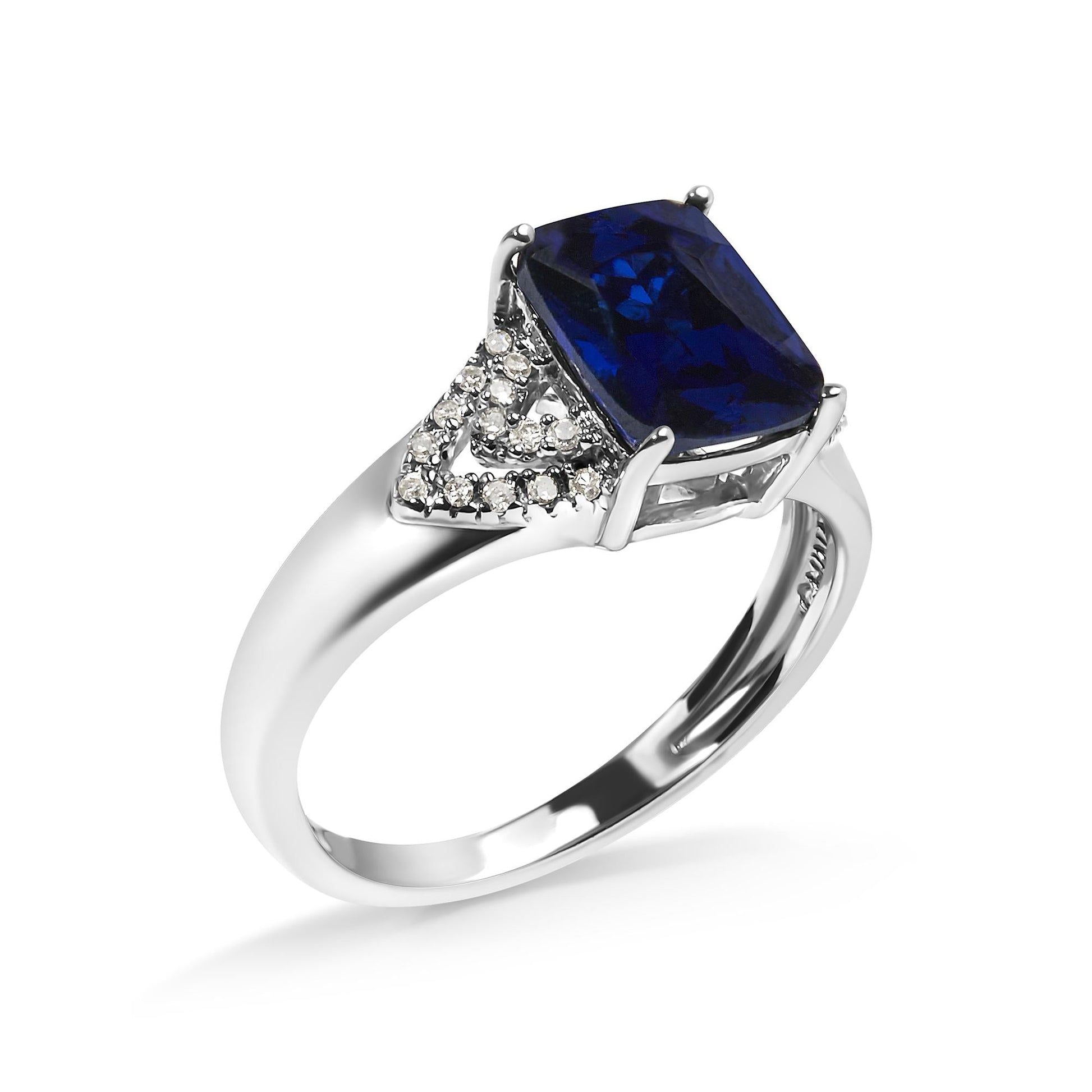 .925 Sterling Silver 9X7 mm Cushion Cut Blue Sapphire and White Diamond Step up