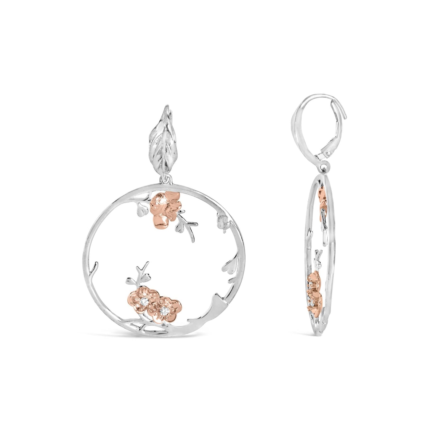 Rose Gold Plated.925 Sterling Silver 1/10 Cttw Diamond Floral Hoop Earrings