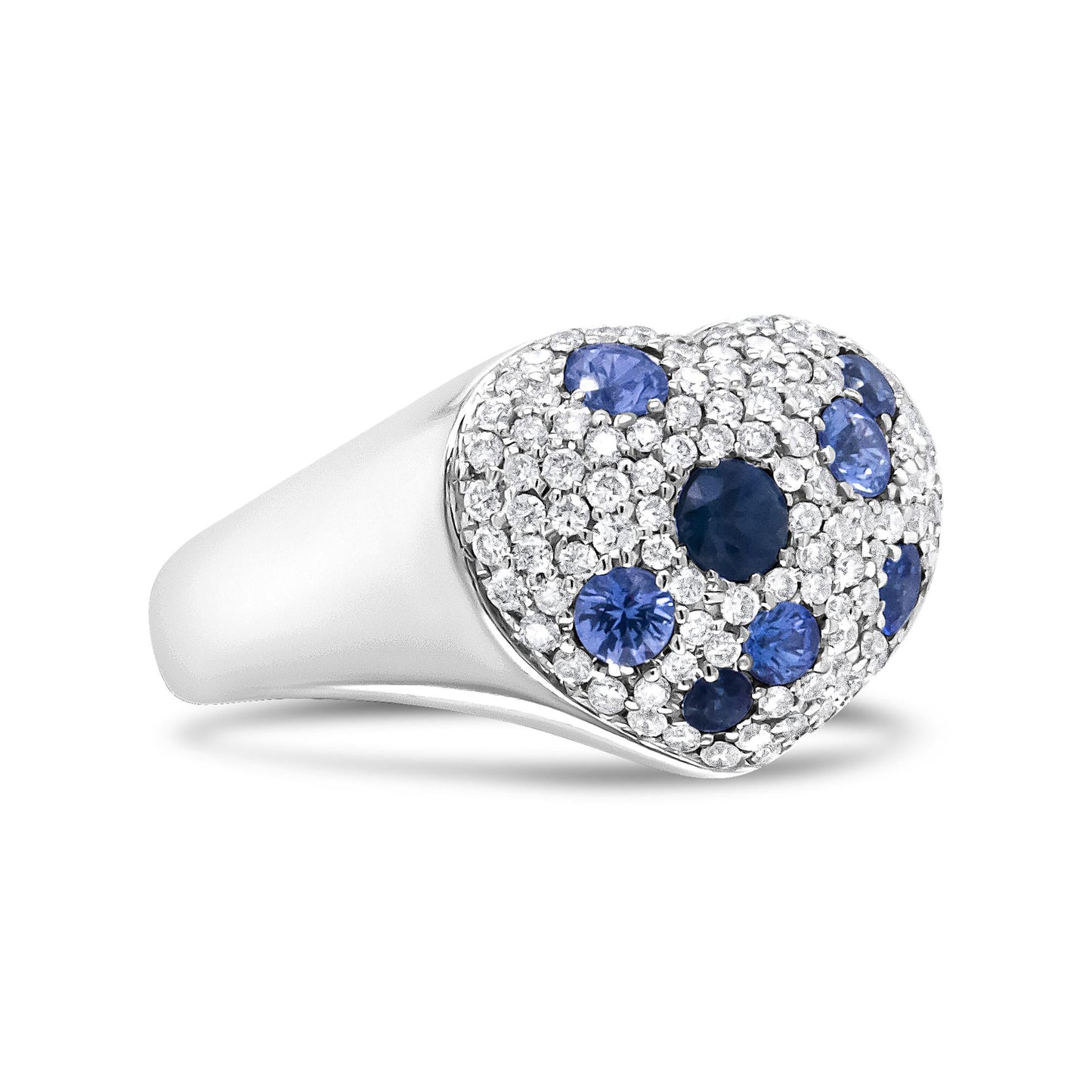 18K White Gold Blue Sapphire and 5/8 Cttw Diamond Cluster Heart Shaped Ring