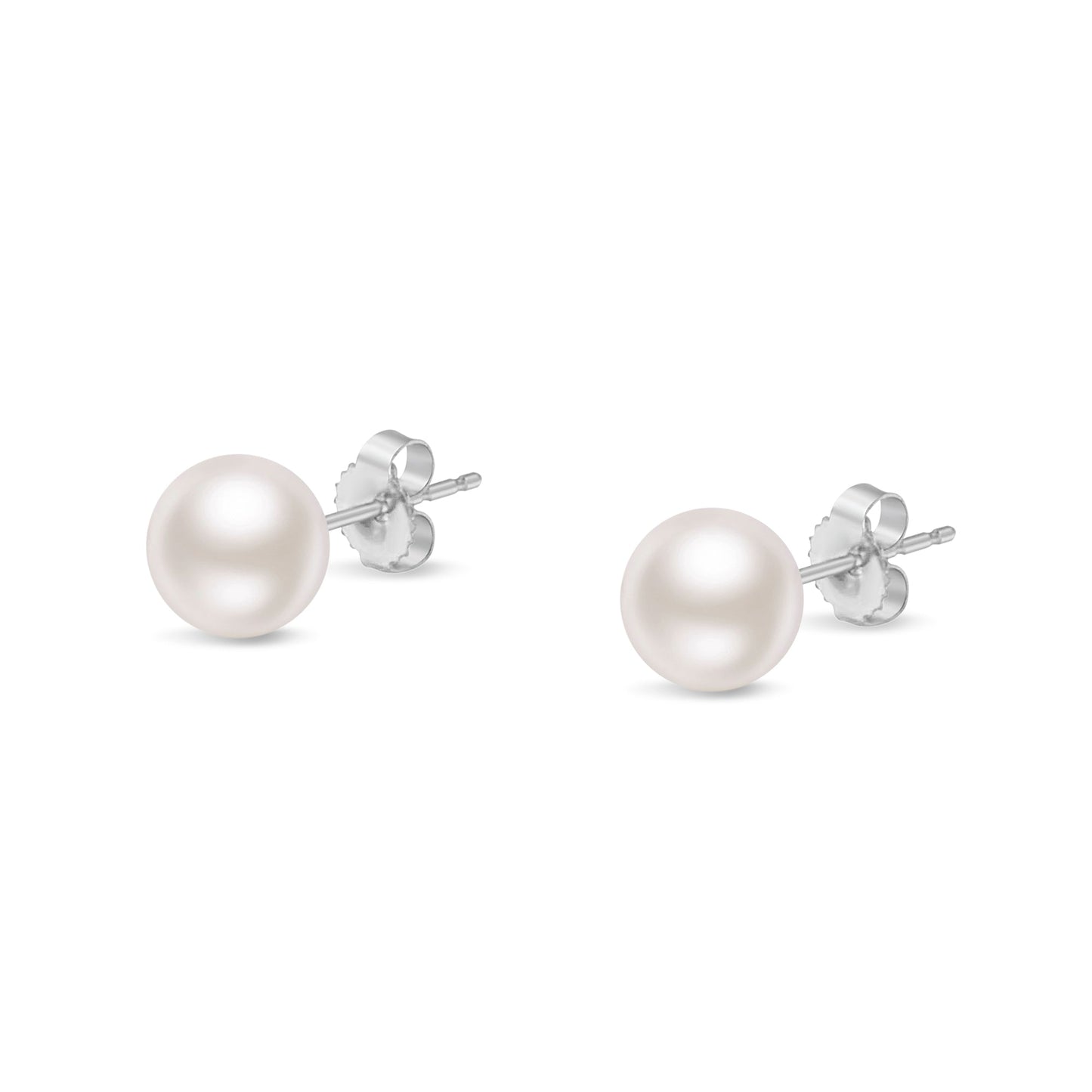 14K Gold Round White Saltwater Akoya Cultured Pearl Stud Earrings AAA + Quality