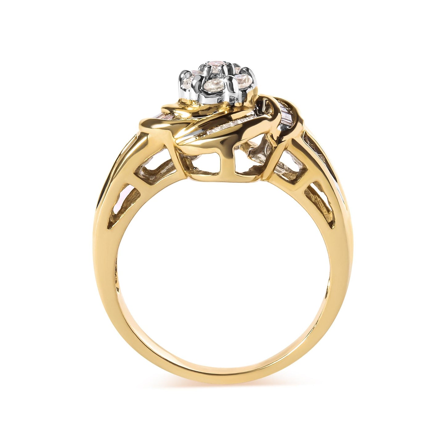 10K Yellow Gold 1/2 Cttw Round and Baguette Diamond Flower Swirl Cocktail Ring