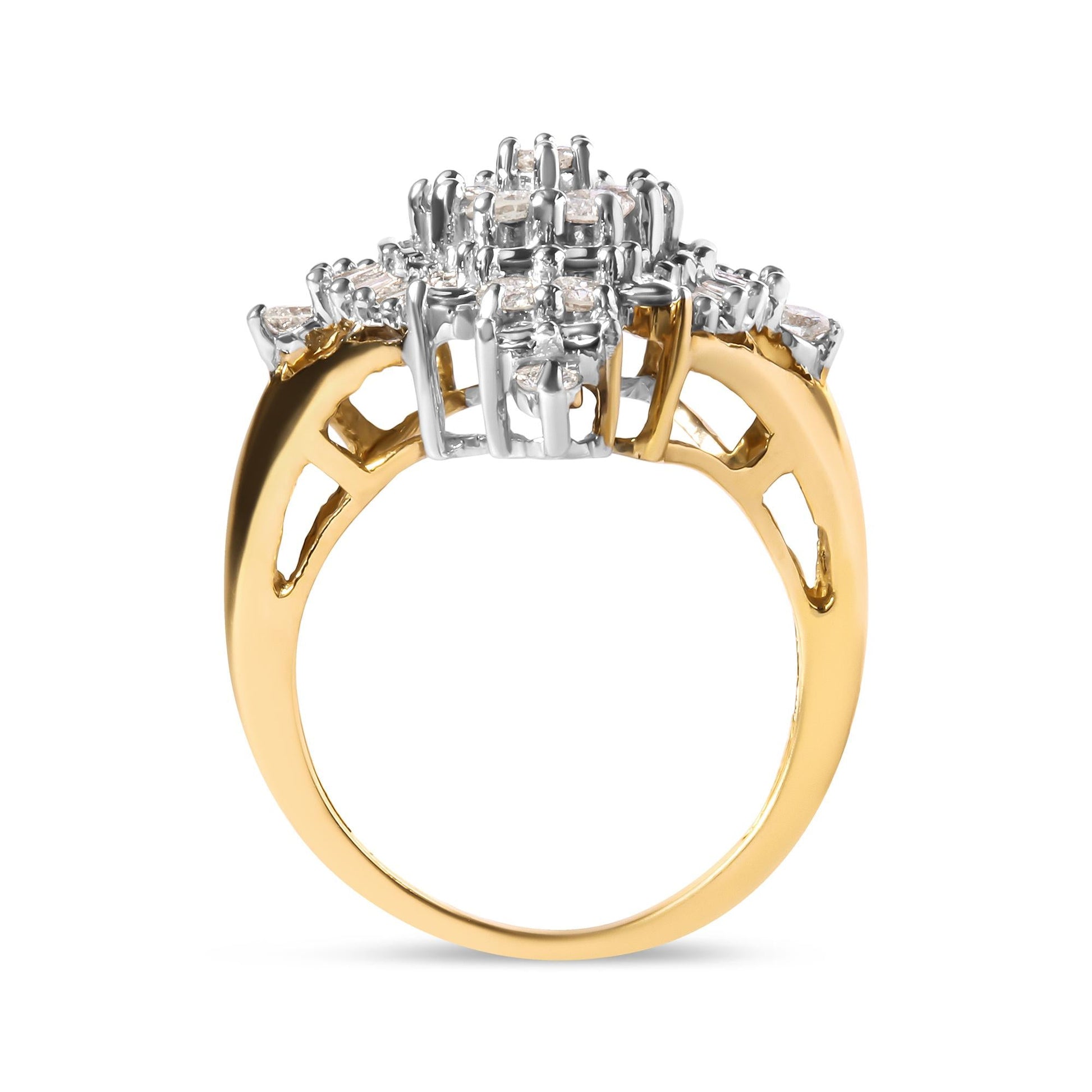 10K Yellow Gold 1 Cttw Round and Baguette cut Diamond Cluster and Rhombus Halo