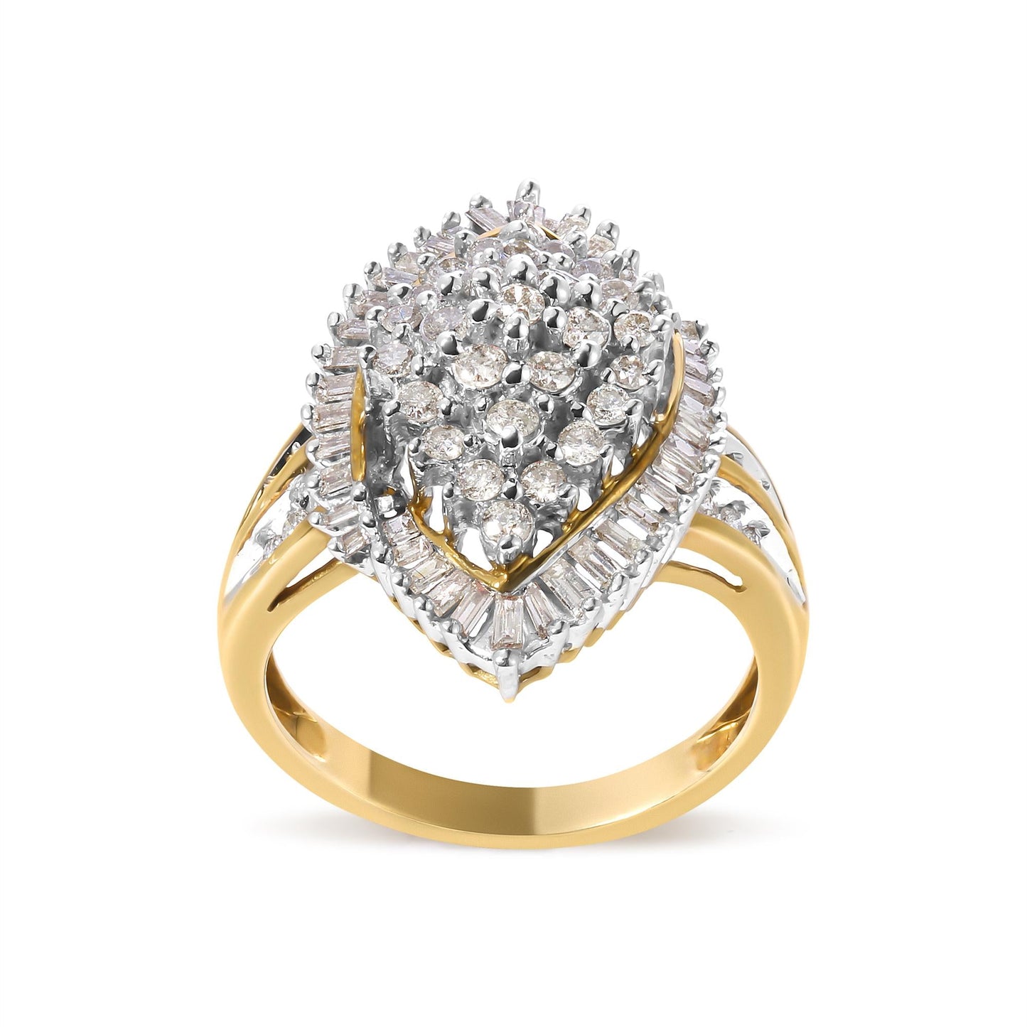 10K Yellow Gold 1.0 Cttw Round and Baguette-Cut Diamond Cluster Ring (I-J Color