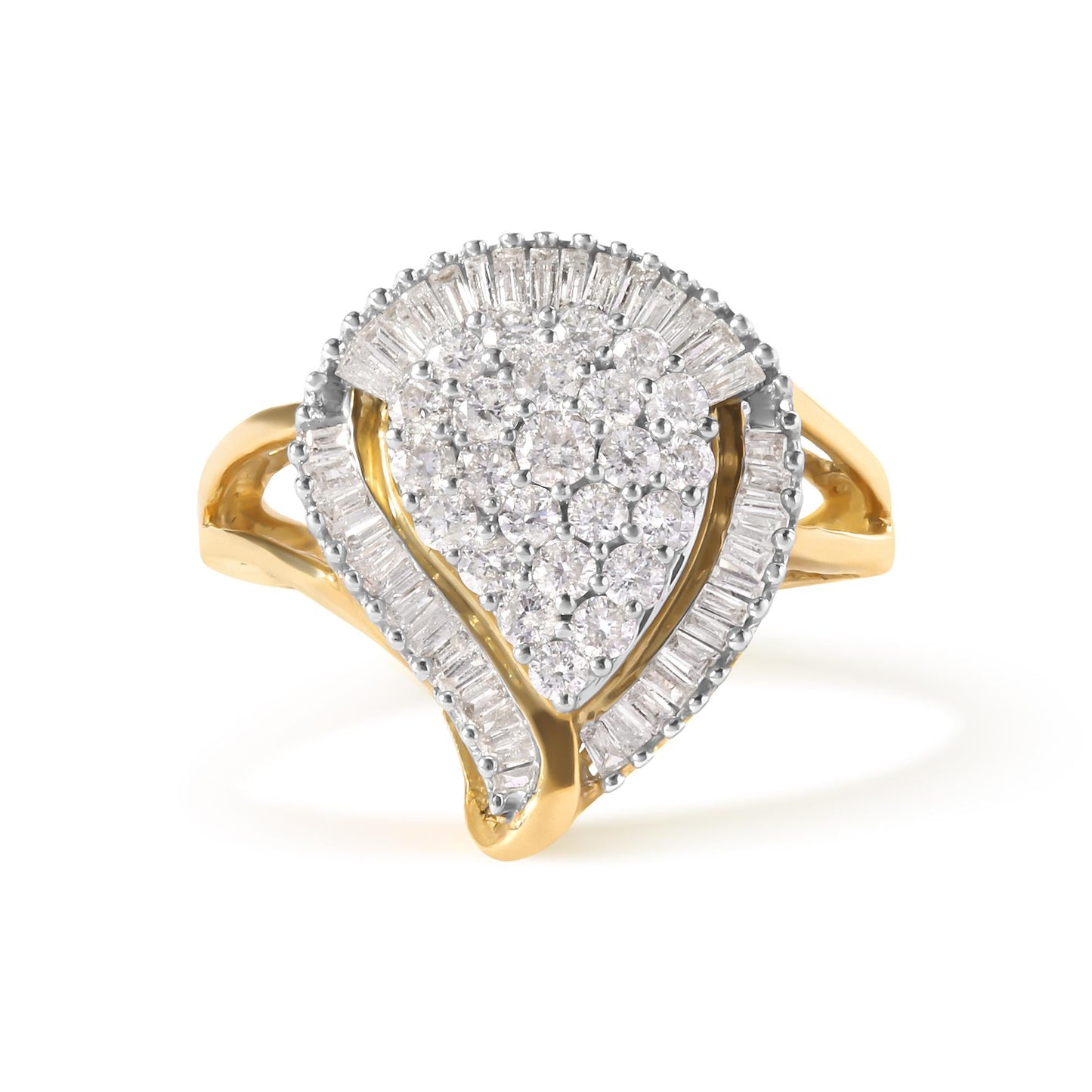 10K Yellow Gold 1 Cttw Round and Baguette Cut Diamond Ballerina Cluster Ring