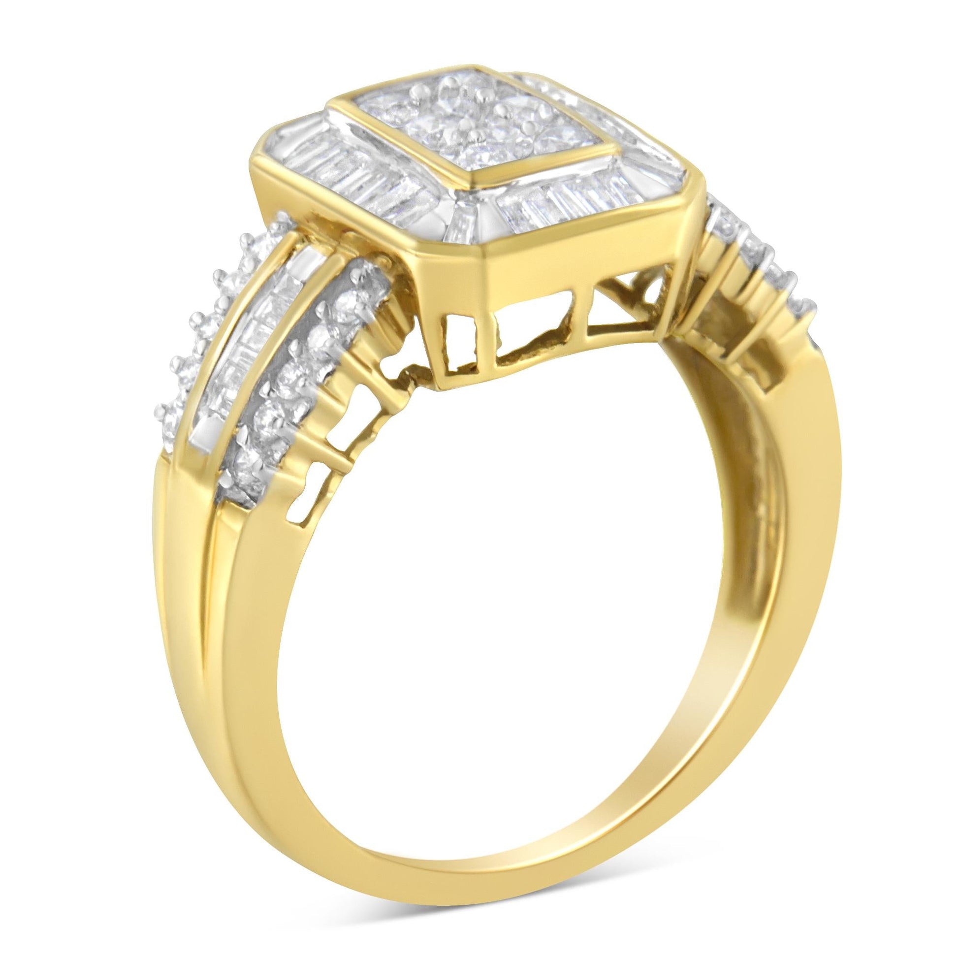 10K Yellow Gold Round and Baguette-Cut Diamond Cocktail Ring (1.0 Cttw H-I