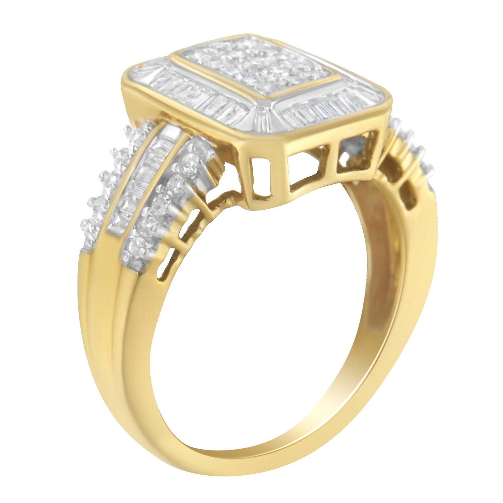 10K Yellow Gold Round and Baguette-Cut Diamond Cluster Ring (1.0 Cttw I-J Color