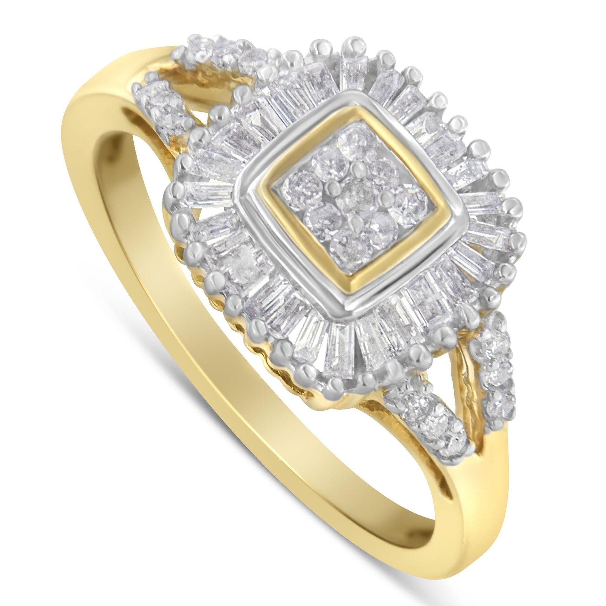 10K Yellow Gold Round and Baguette Cut Diamond Ballerina Ring (1/2 cttw I-J