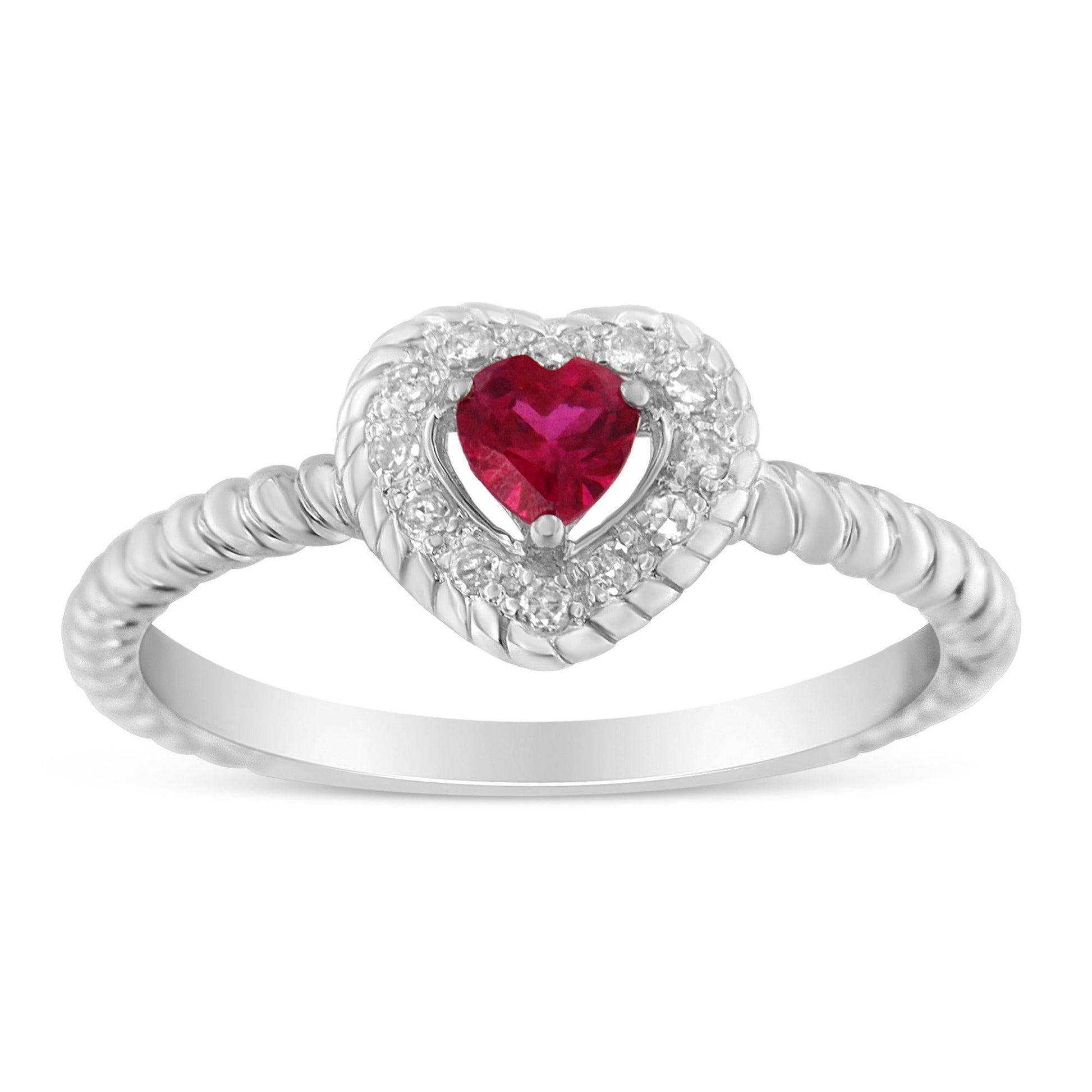 Sterling Silver 4MM Lab Created Ruby Heart and Diamond Accent Heart Ring (I-J