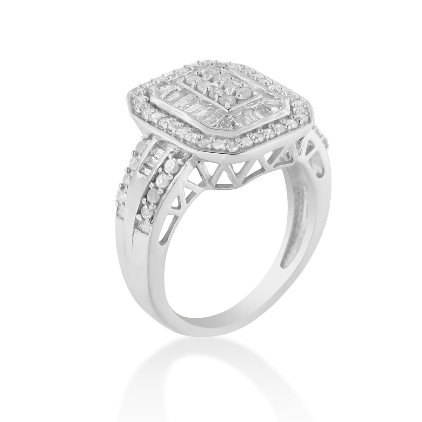 .925 Sterling Silver 1.0 Cttw Round and Baguette Cut Diamond Elongated Octagon Shaped Cocktail Ring (H-I Color, I2-I3 Clarity)