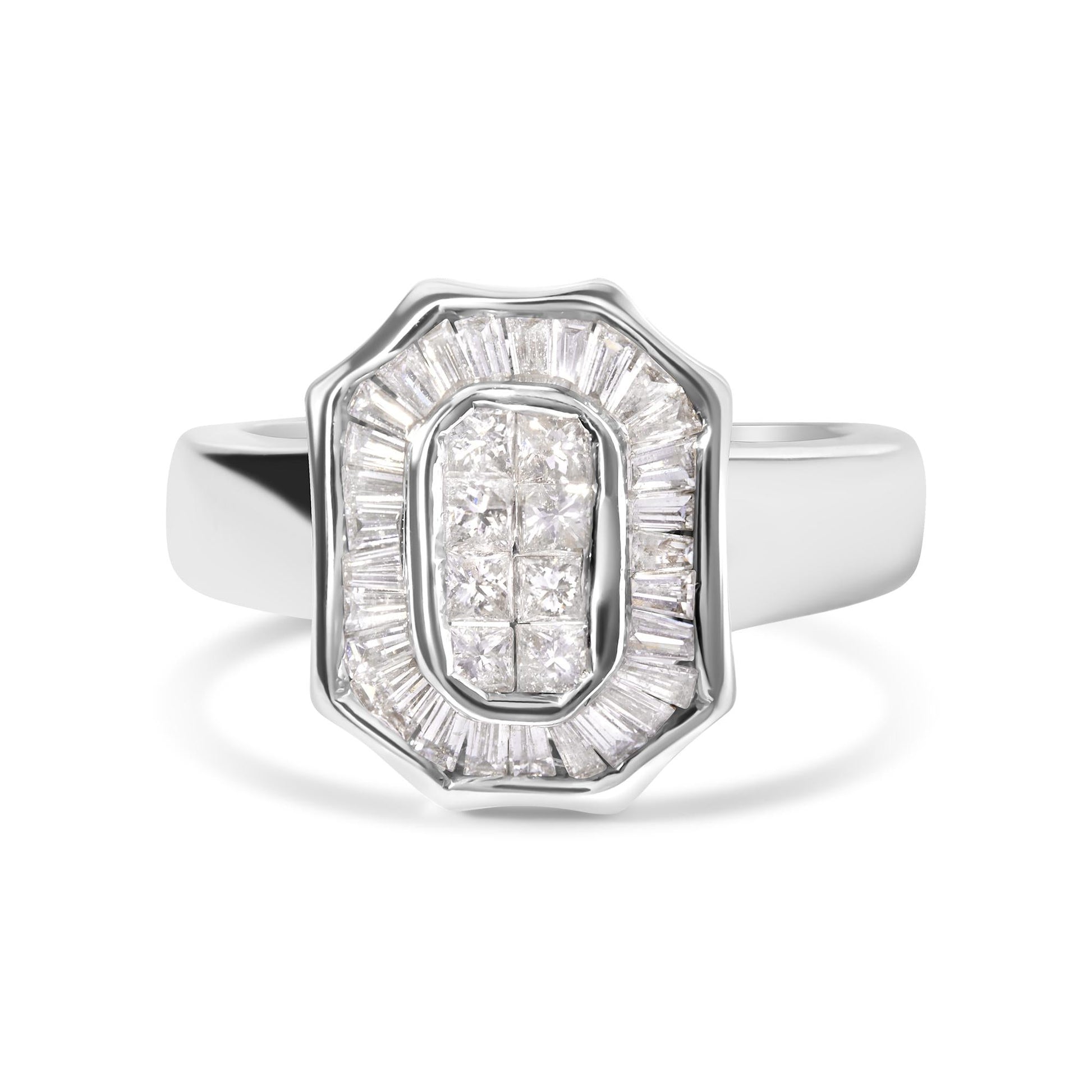 14K White Gold 1.00 Cttw Baguette and Princess-Cut Diamond Cocktail Art Deco